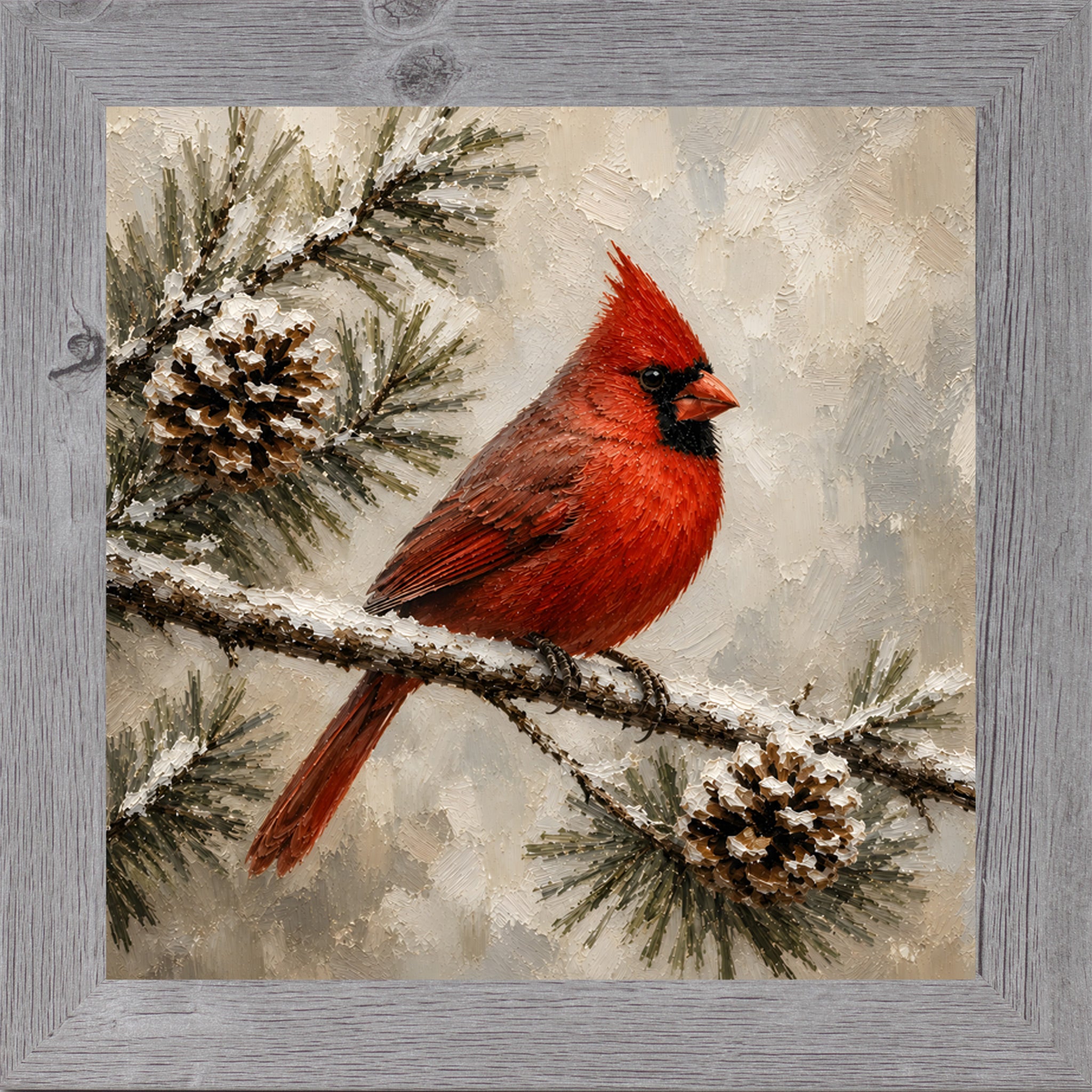 Gray framed square painted winter wall art featuring a red cardinal perched on a snowy pine branch with pinecones
