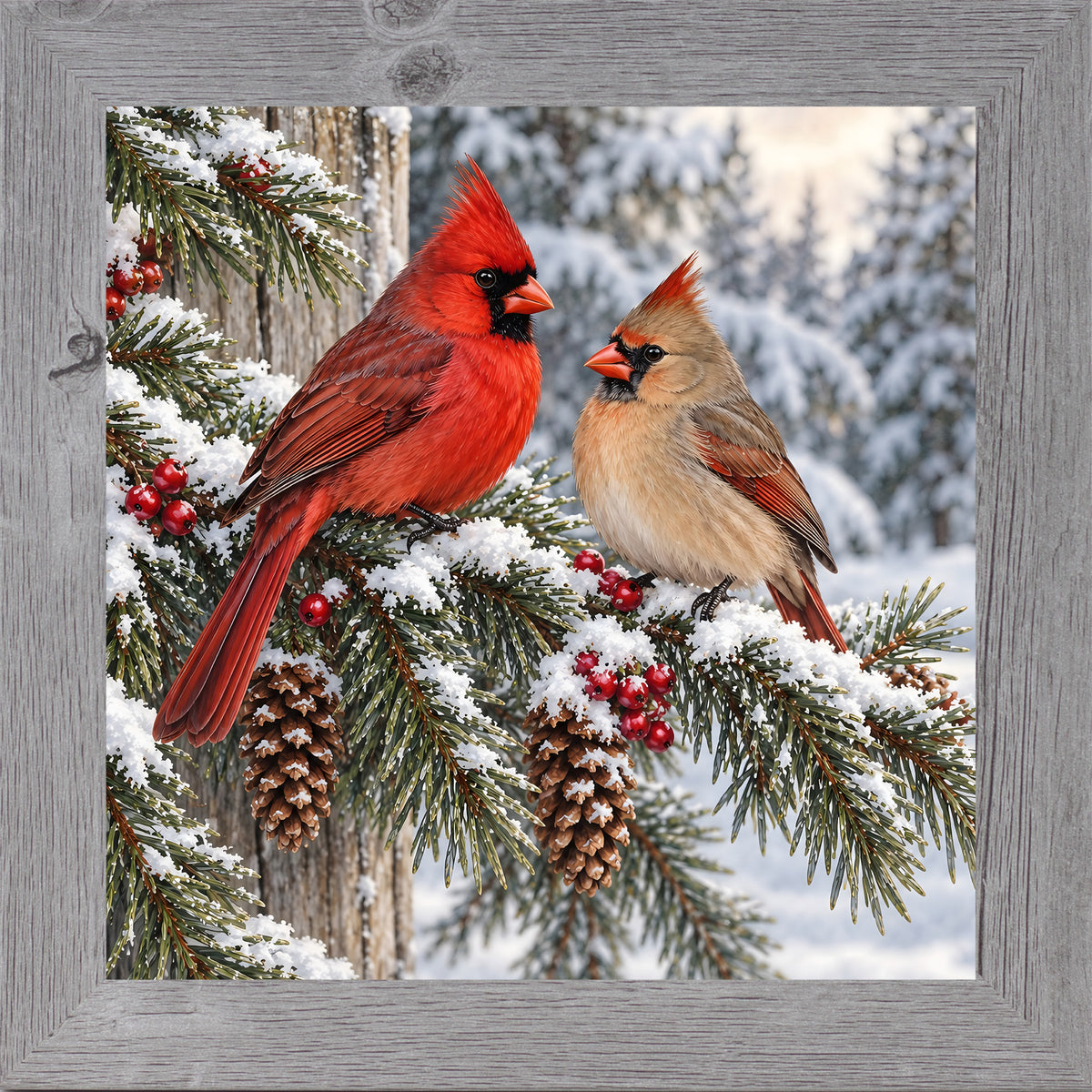 Gray framed square winter cardinal wall art featuring a pair of red and tan cardinals perched on a snowy pine branch with pinecones and red berries