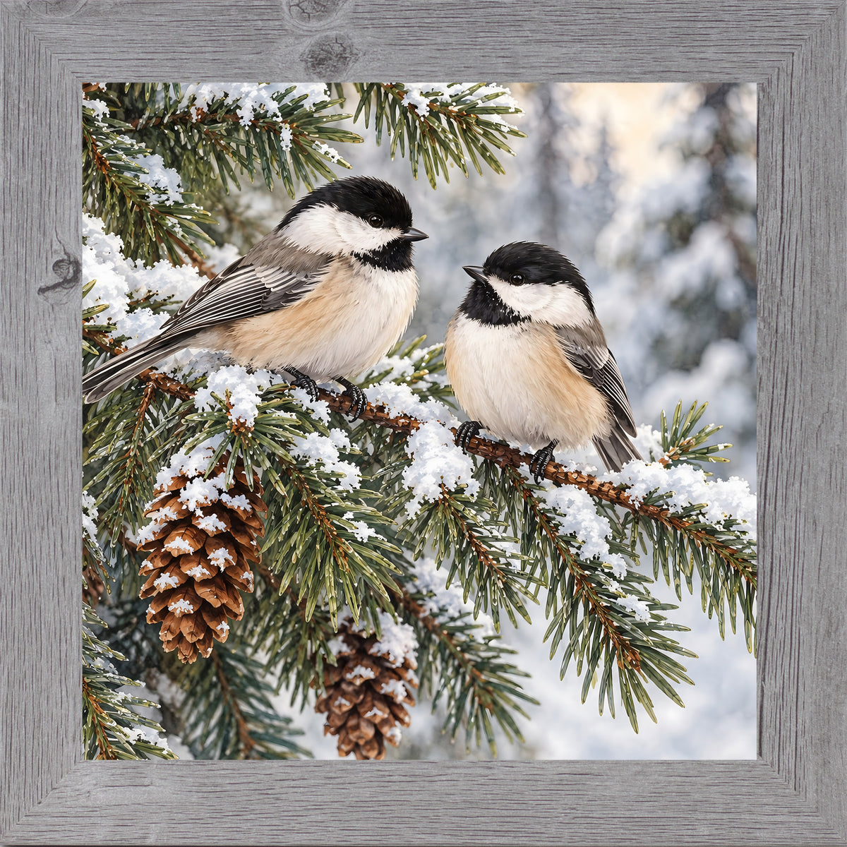 Gray framed square winter chickadee wall art featuring two black-capped chickadees perched on a snowy pine branch with pinecones