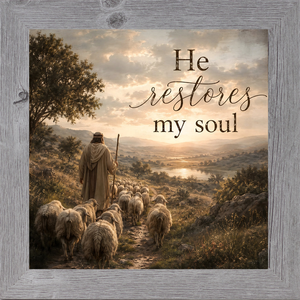 Gray framed square Christian wall art featuring a shepherd leading a flock of sheep down a golden hillside toward a river valley with the words "He Restores My Soul"
