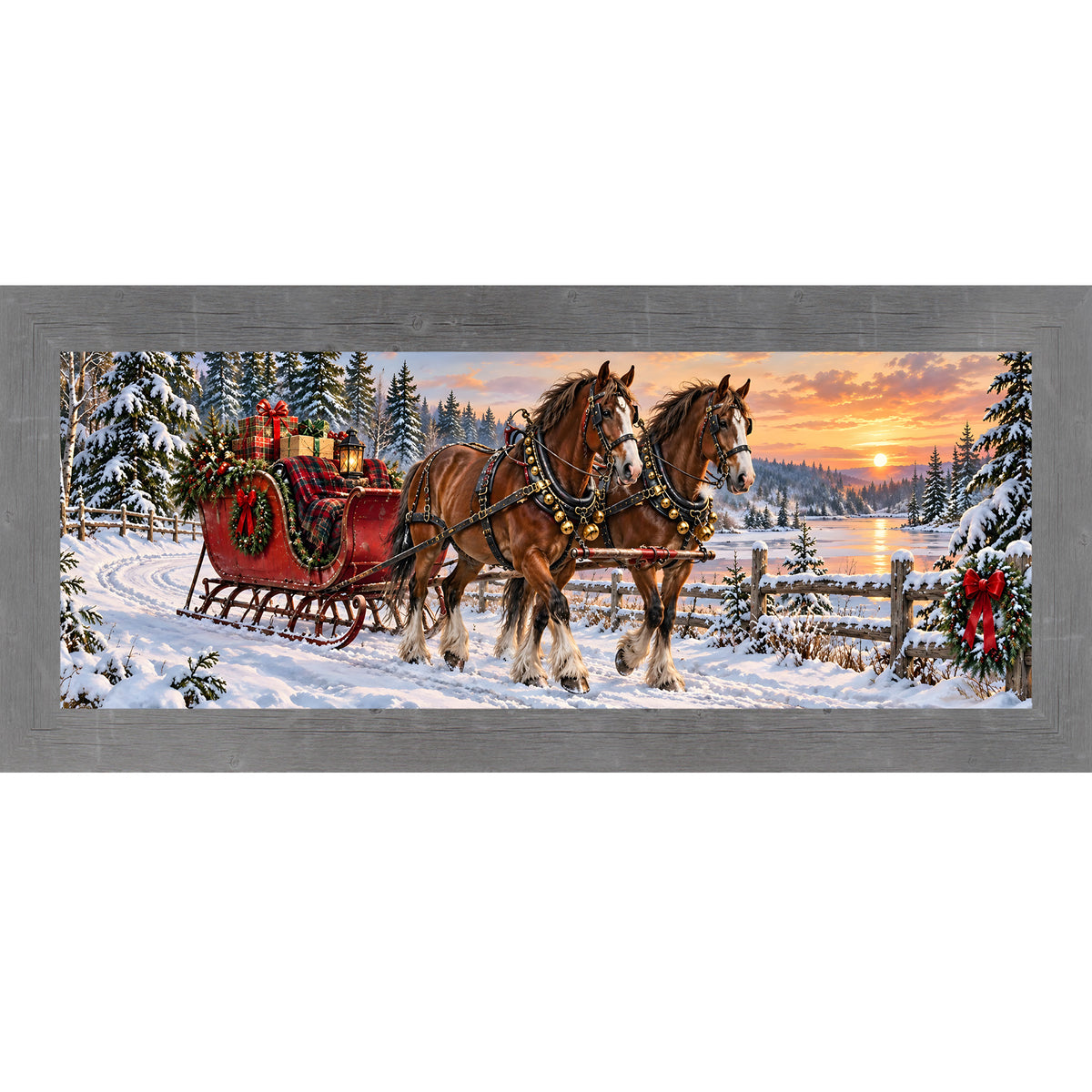 Horse-drawn sleigh wall art in gray frame, Christmas sunset lake scene with draft horses