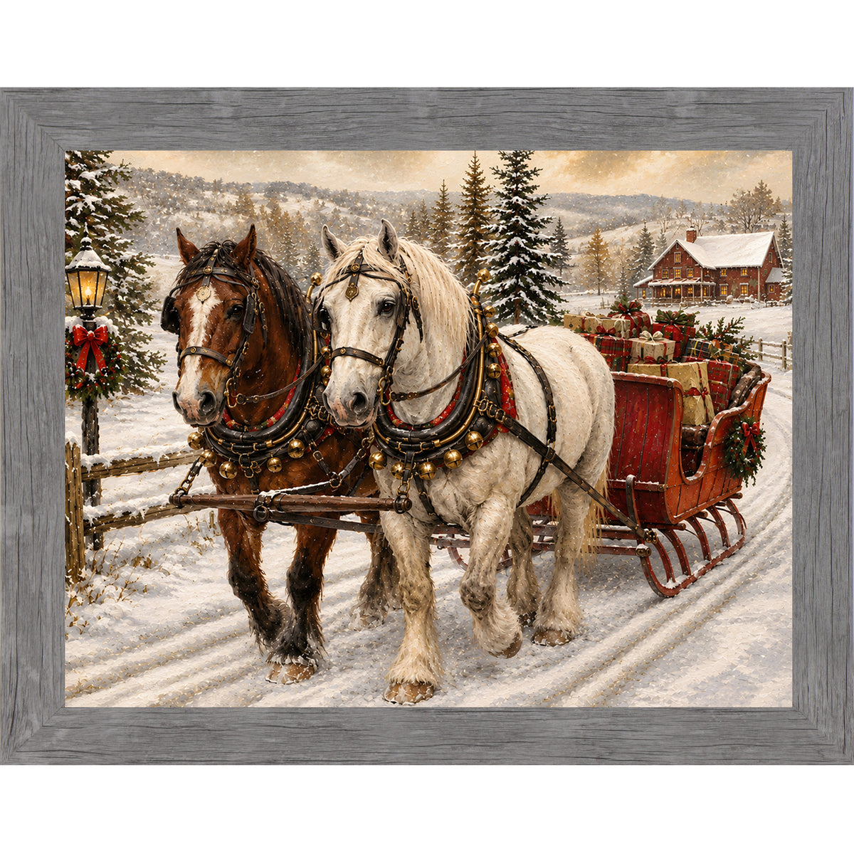 Gray framed landscape heritage Christmas wall art featuring two draft horses pulling a red sleigh piled with presents through a snowy country lane