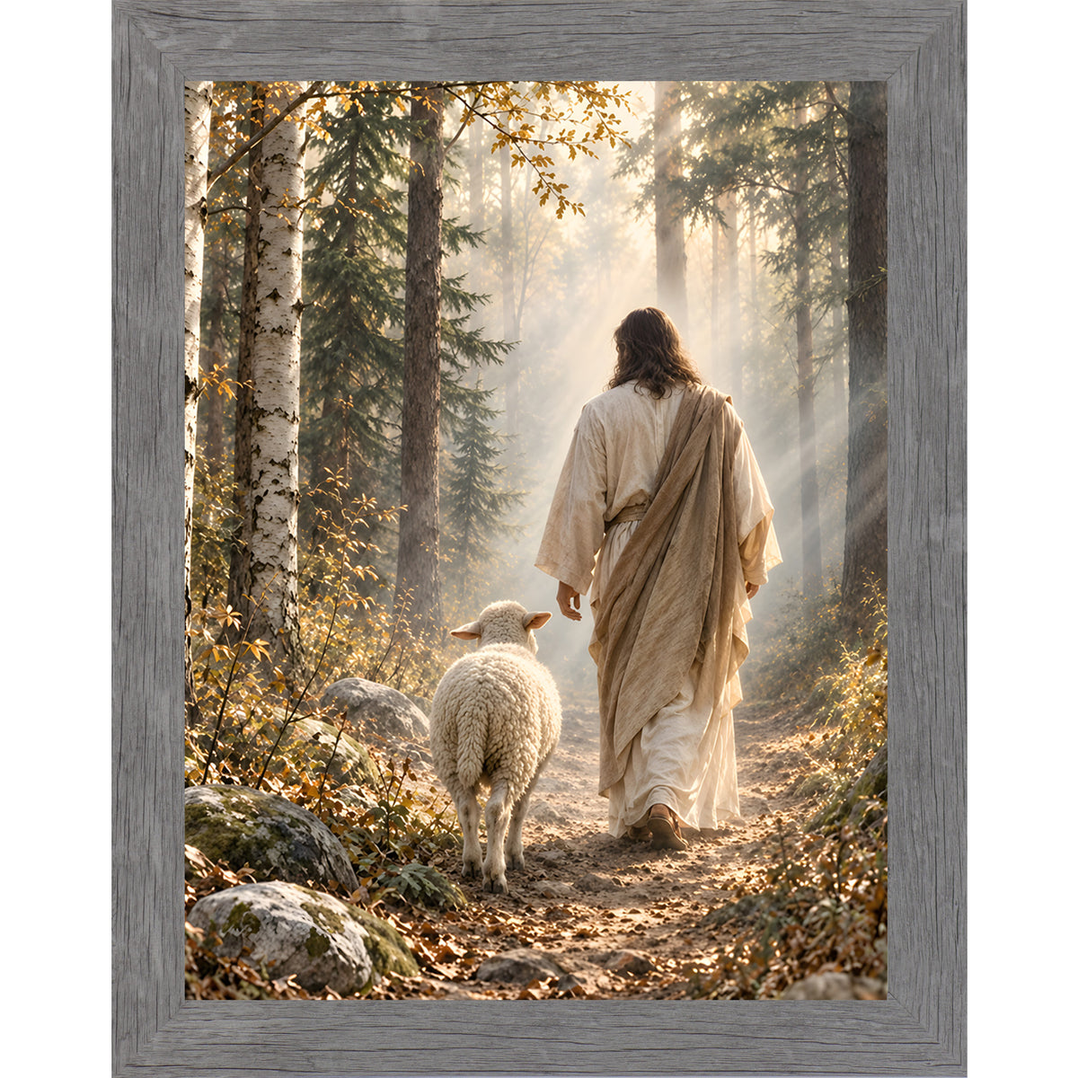 Gray framed portrait Christian wall art featuring Jesus walking a golden-lit forest path from behind with a white sheep at his side