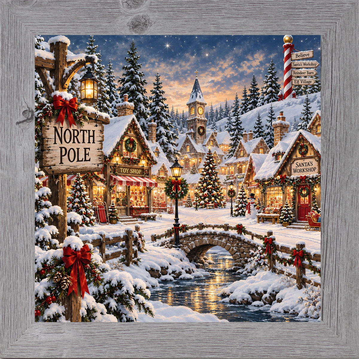 Gray framed square North Pole village Christmas wall art with snow-covered shops, a clock tower, and a stone bridge at twilight