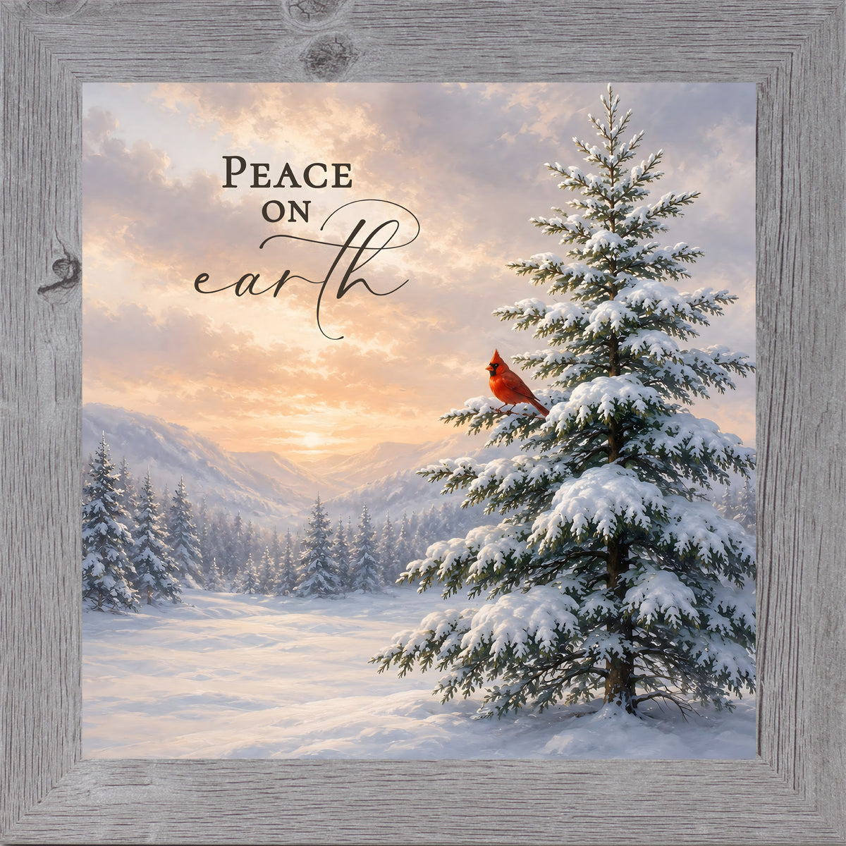 Peace on Earth wall art in gray frame, snowy mountain pine with cardinal