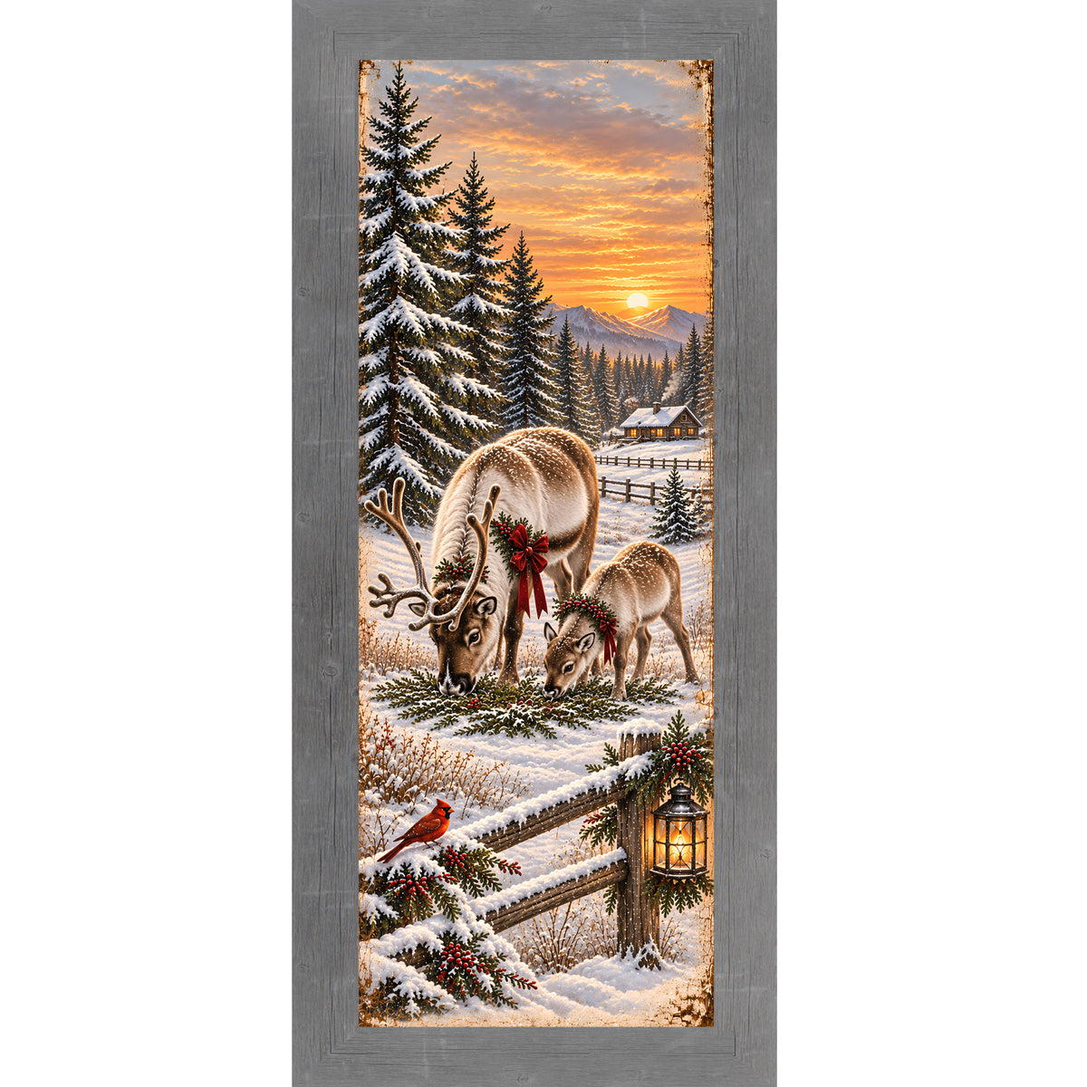 Reindeer and cardinal wall art in gray frame, snowy sunset with fawn