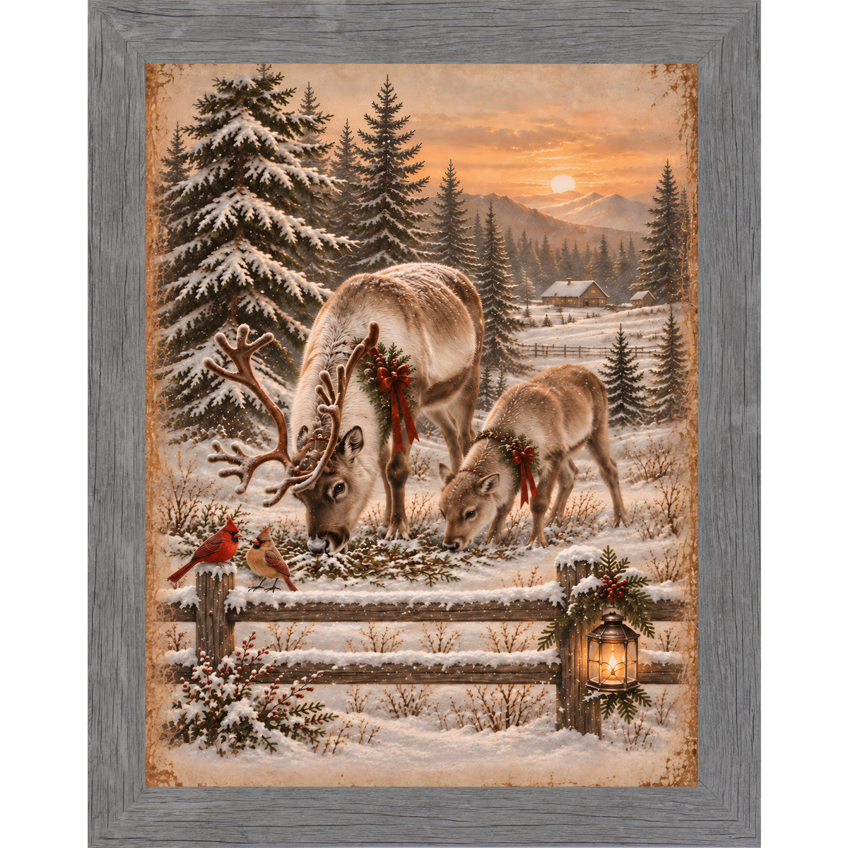 Reindeer and cardinals wall art in gray frame, two cardinals on fence with reindeer