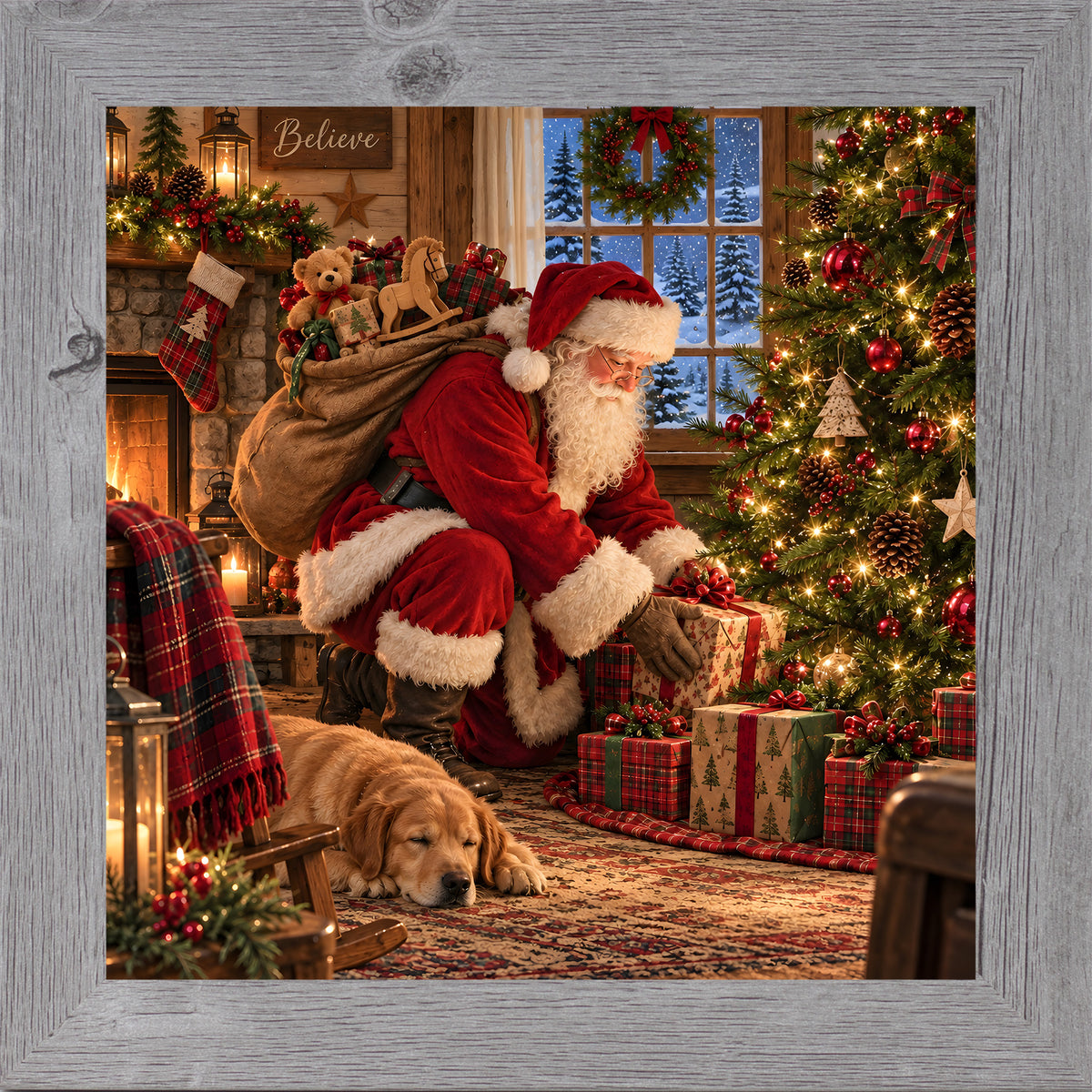 Gray framed square Santa Claus Christmas wall art featuring Santa delivering presents beside a tree with a sleeping golden retriever puppy