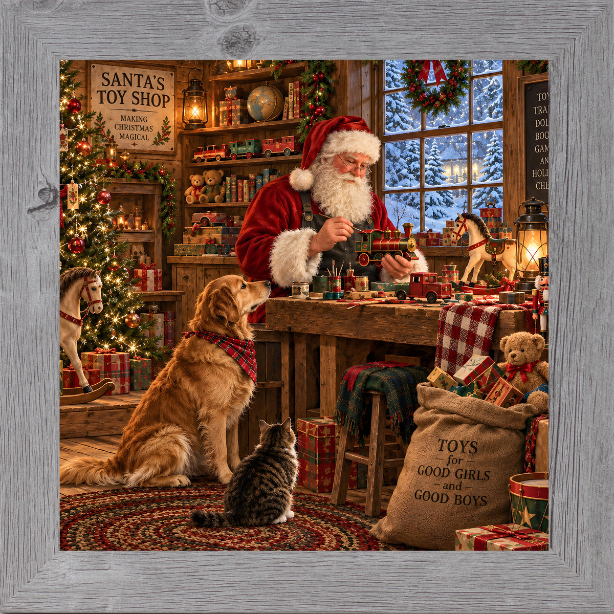 Gray framed square Santa's toy shop Christmas wall art featuring Santa building toys with a golden retriever and cat watching