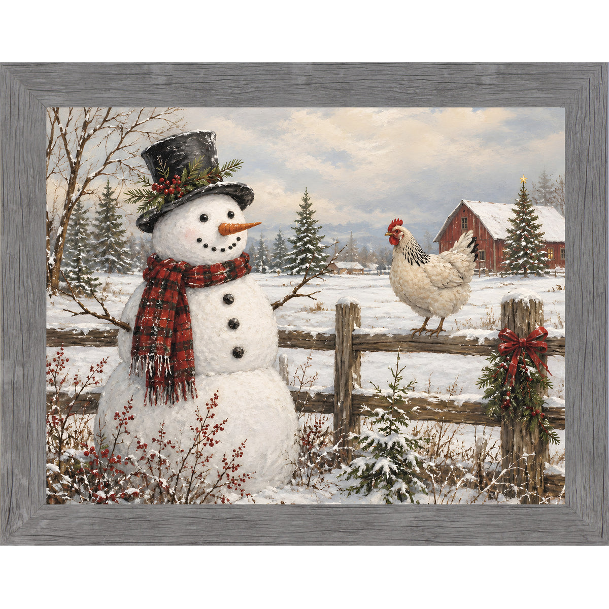 Gray framed landscape rural winter wall art featuring a snowman in a top hat and a hen perched on a fence in front of a red barn