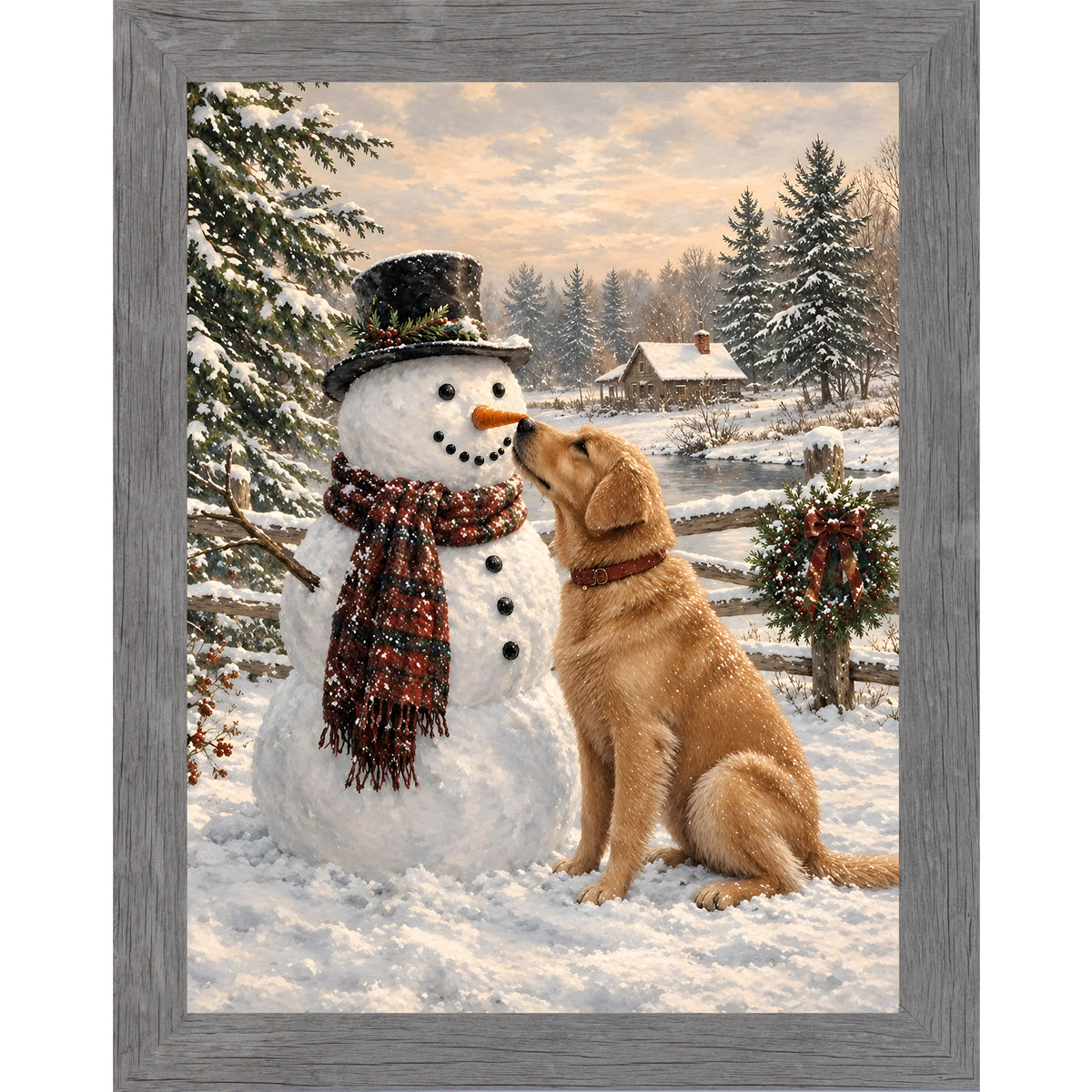 Gray framed portrait heritage Christmas wall art featuring a golden retriever nosing a top-hatted snowman in a plaid scarf against a snowy countryside scene