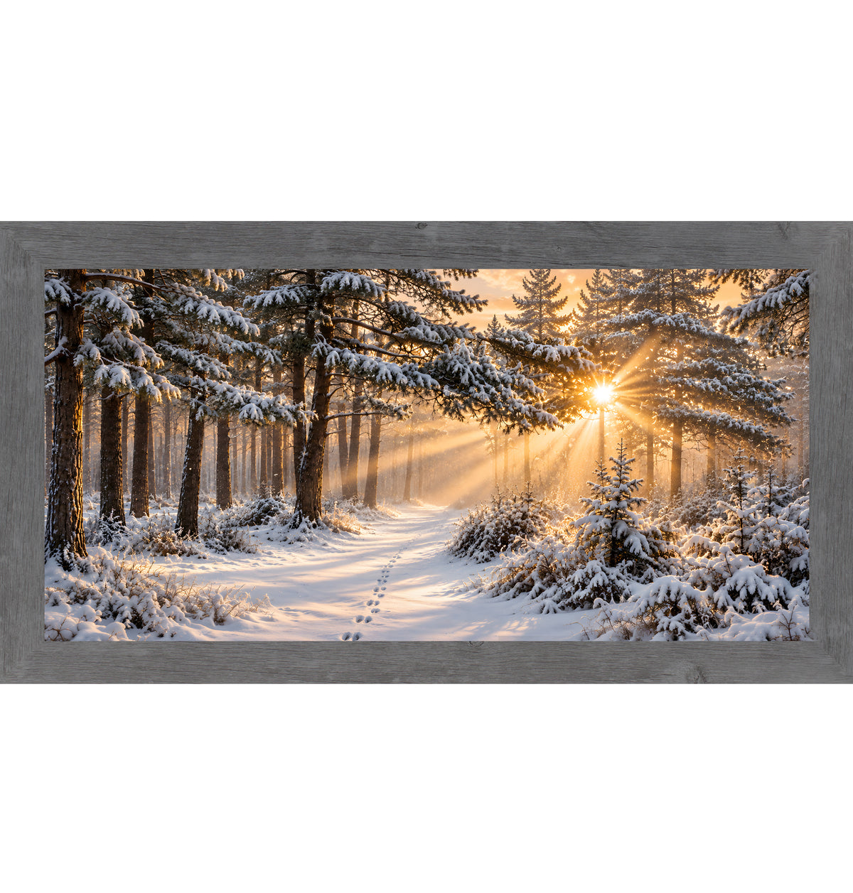 Snowy forest sunrise wall art in a gray frame, sun rays through snow-covered pine trees