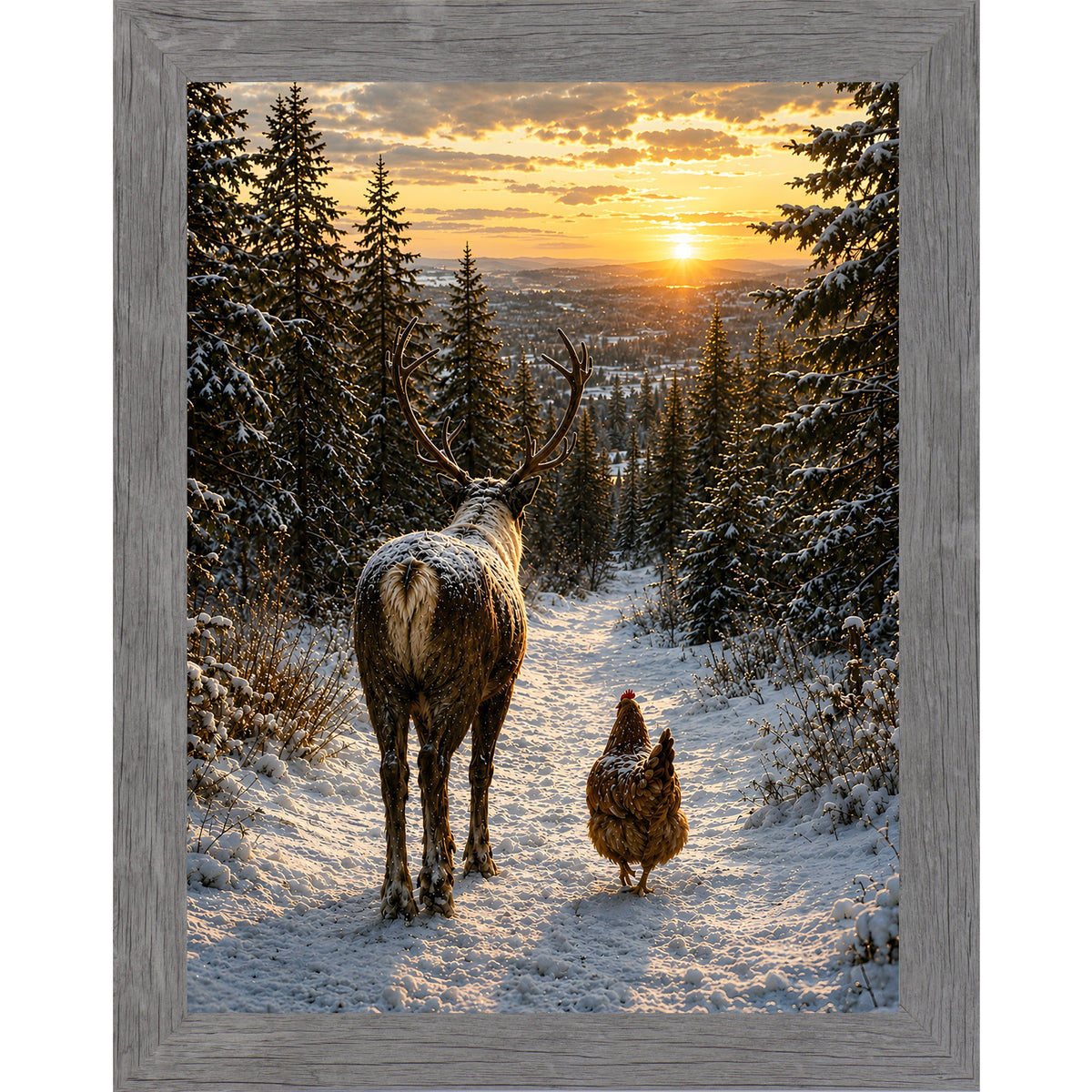 Gray framed portrait winter wall art featuring a stag and a hen walking down a snowy forest path at golden sunset