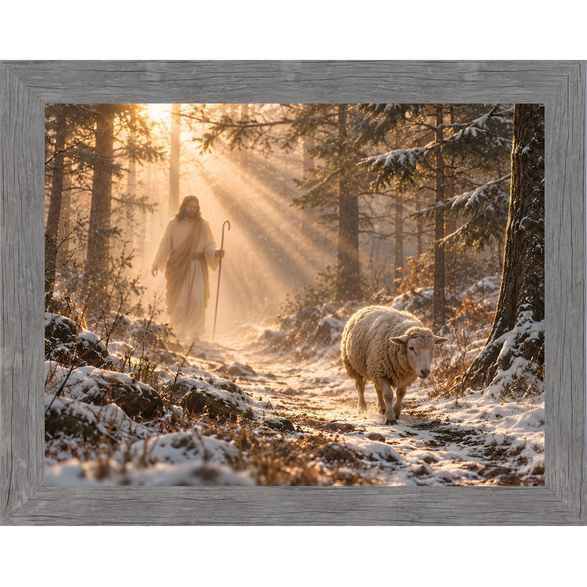 Gray framed landscape Christian wall art featuring Christ walking a snow-covered forest path with a sheep following behind