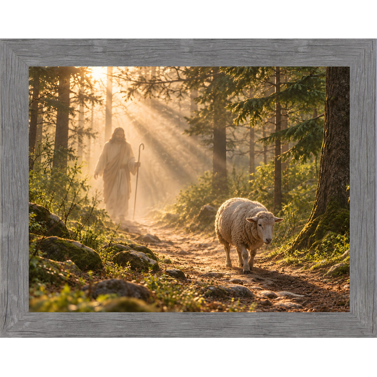 Gray framed landscape Christian wall art featuring Christ walking a sunlit forest path with a sheep following behind