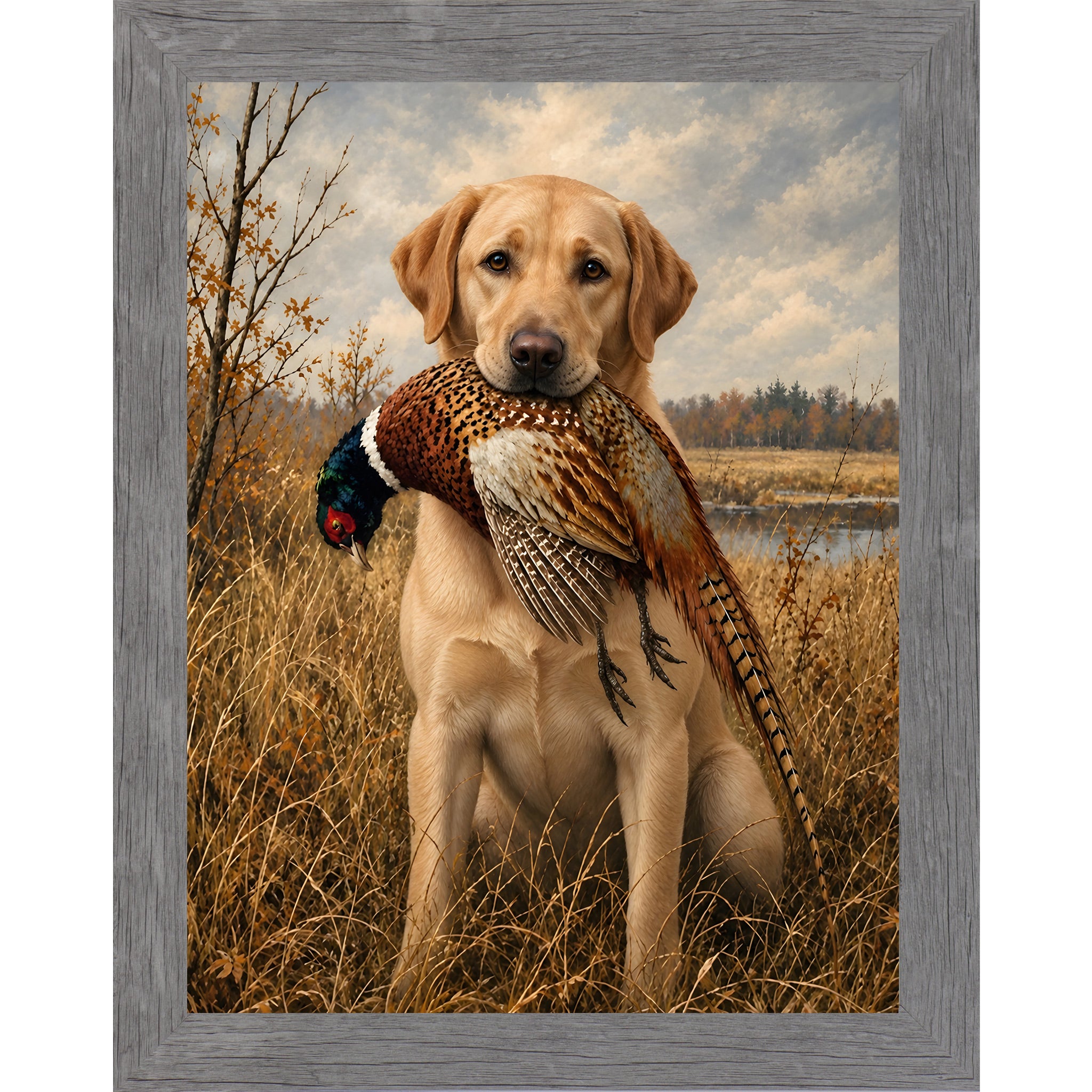 Gray framed portrait heritage hunting dog wall art featuring a yellow Labrador holding a pheasant in a golden autumn field