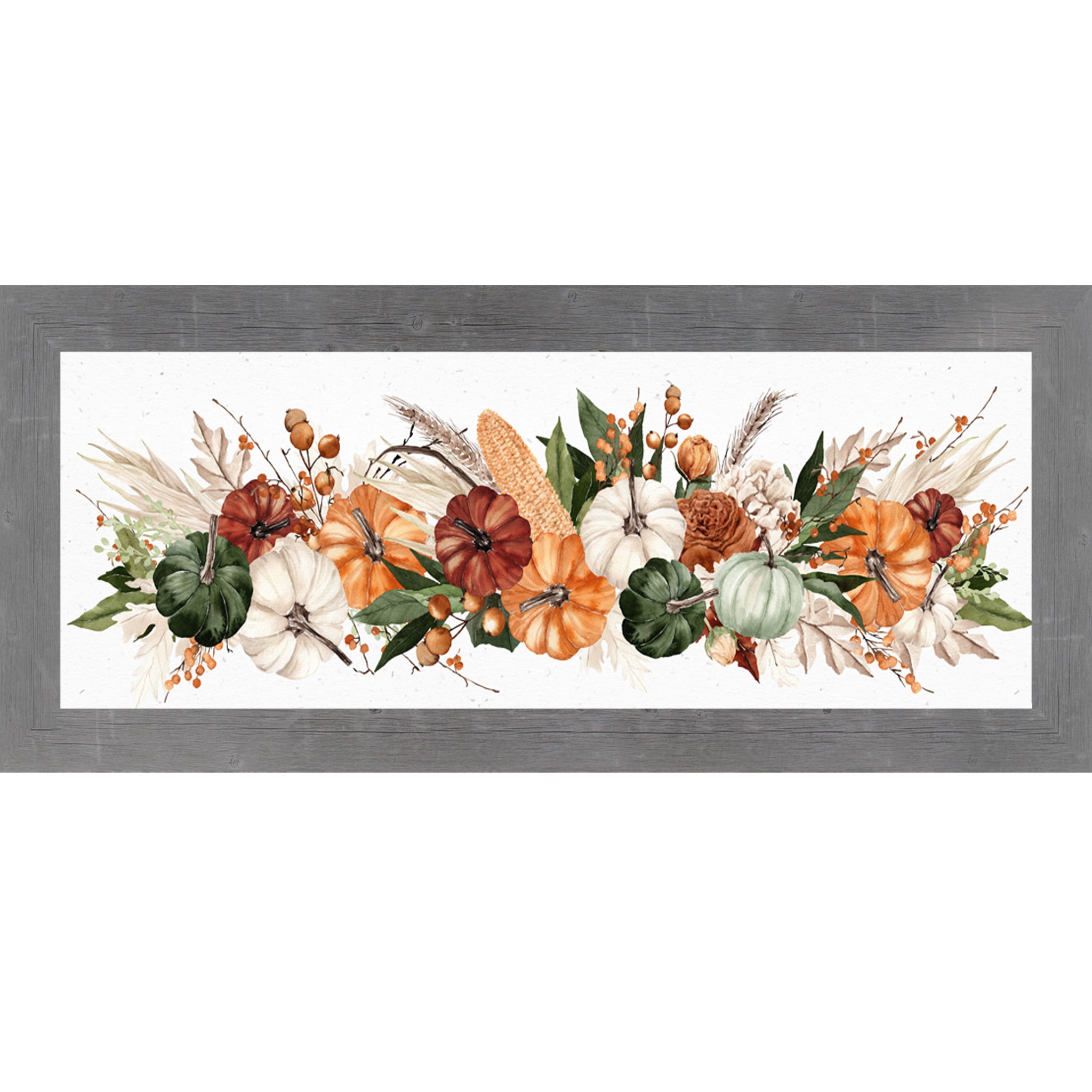 Gray framed wide landscape harvest wall art featuring panoramic watercolor autumn pumpkins corn wheat berries and dried florals — Harvest Wide Landscape SB949