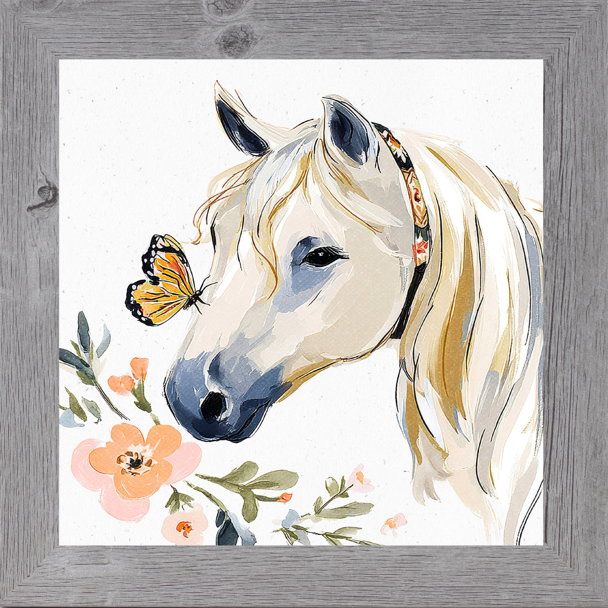 Gray framed square watercolor horse wall art featuring a white horse with a monarch butterfly on its nose surrounded by peach florals and a boho floral headstall on a white background