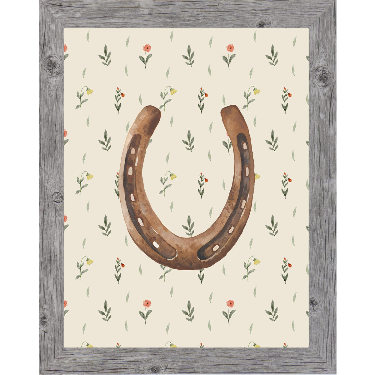 Gray framed portrait horseshoe wall art with warm brown watercolor horseshoe open end up on soft cream scattered wildflower floral background — western cowgirl good luck decor