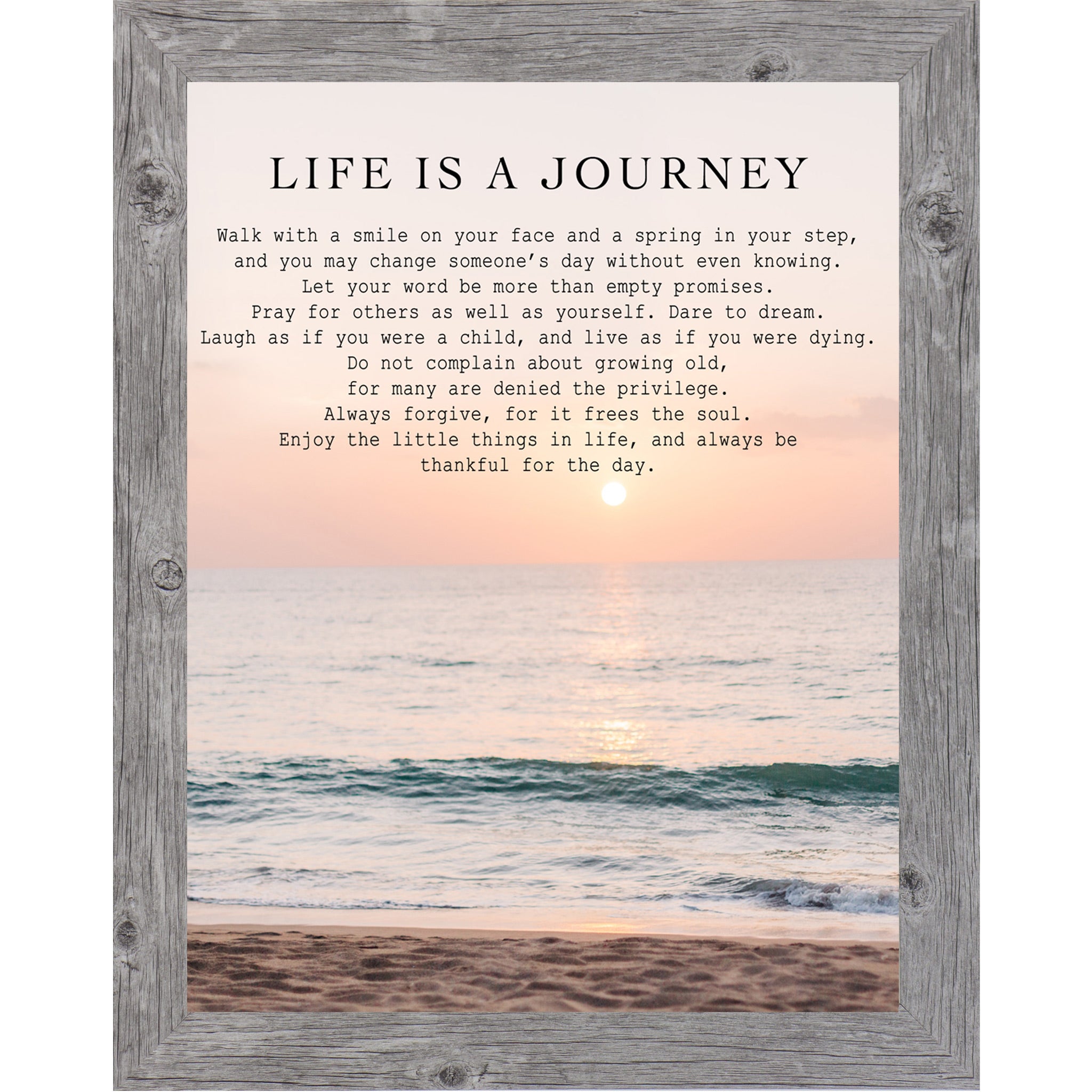 Gray framed portrait inspirational wall art with the Life Is a Journey poem set against a soft peach and coral beach sunset with teal ocean waves and sandy shoreline