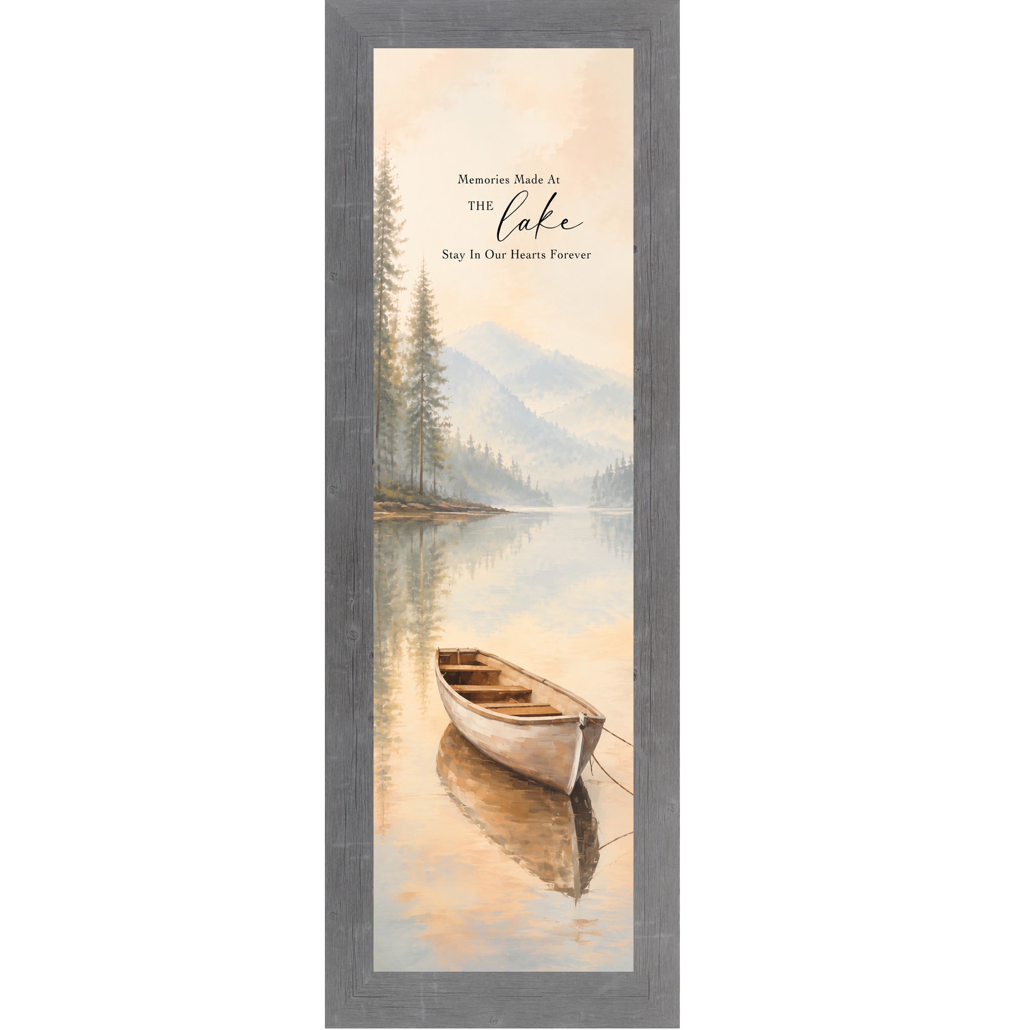 Gray framed narrow portrait lake house wall art featuring a watercolor rowboat on misty reflective water with pine trees and mountain backdrop with the words Memories Made At The Lake Stay In Our Hearts Forever