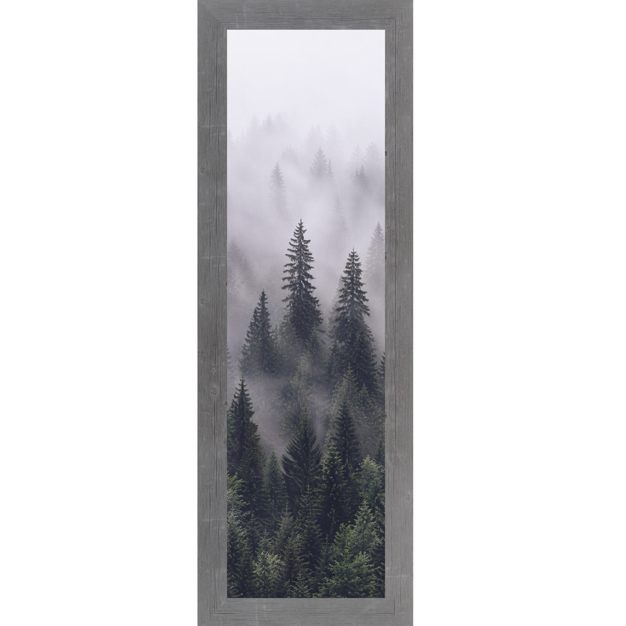 Gray framed narrow portrait nature wall art featuring two sentinel pine trees rising through rolling mountain fog with dense green canopy below fading into pale misty white above