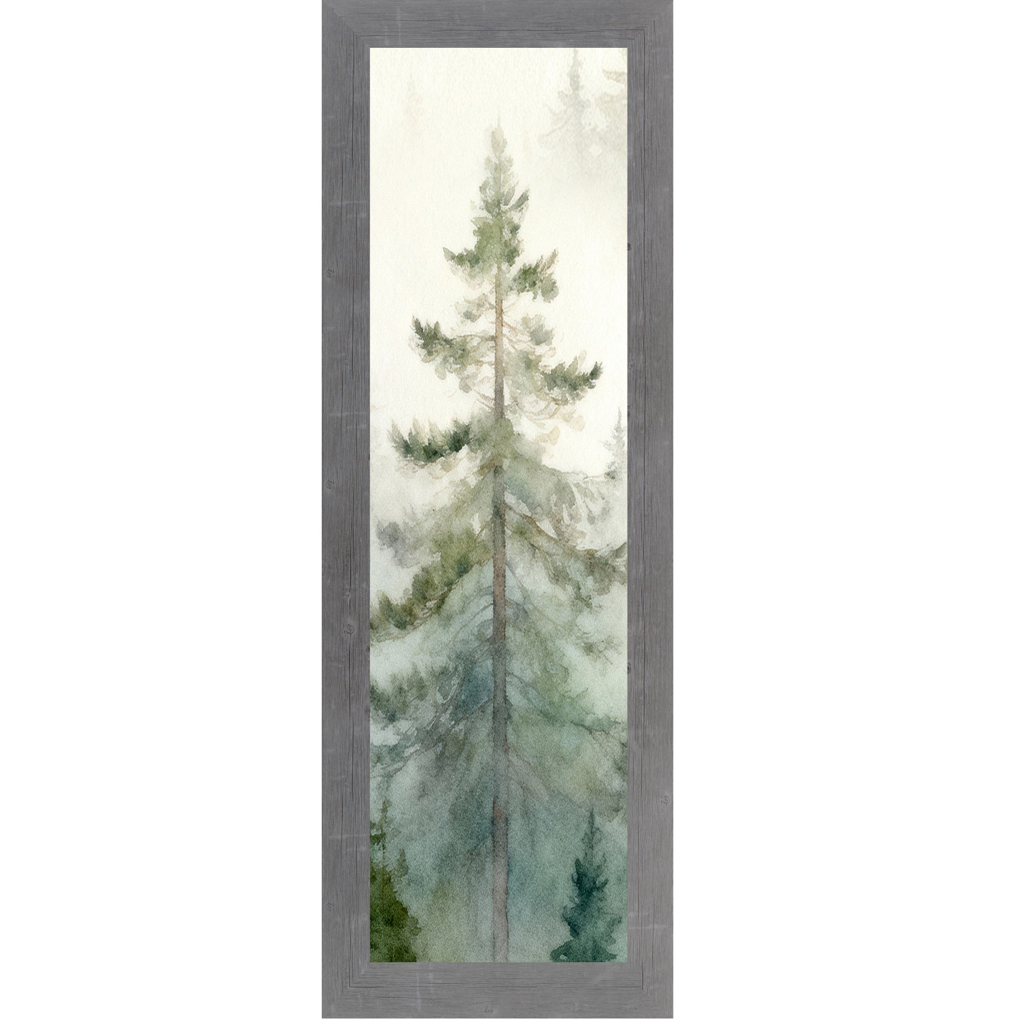 Gray framed narrow portrait watercolor pine forest wall art with single tall evergreen rising through soft morning mist against a sage green and cream misty forest background