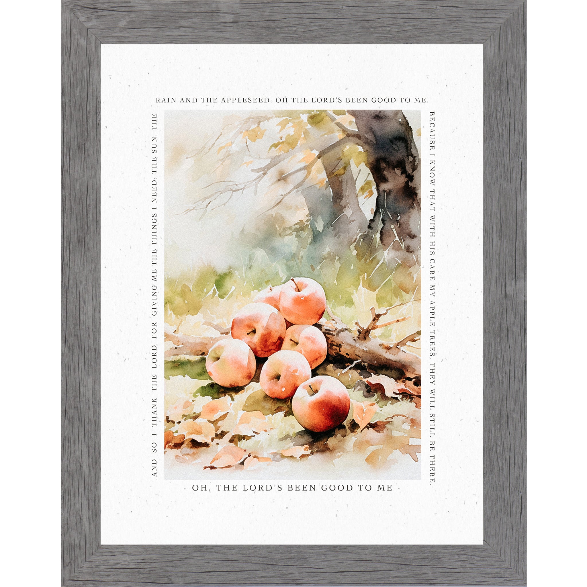 Gray framed portrait Christian fall wall art featuring watercolor red apples under autumn tree on golden fall leaves surrounded by complete Johnny Appleseed prayer border — Oh The Lord's Been Good To Me And So I Thank The Lord For Giving Me The Sun The Rain And The Appleseed — SN396