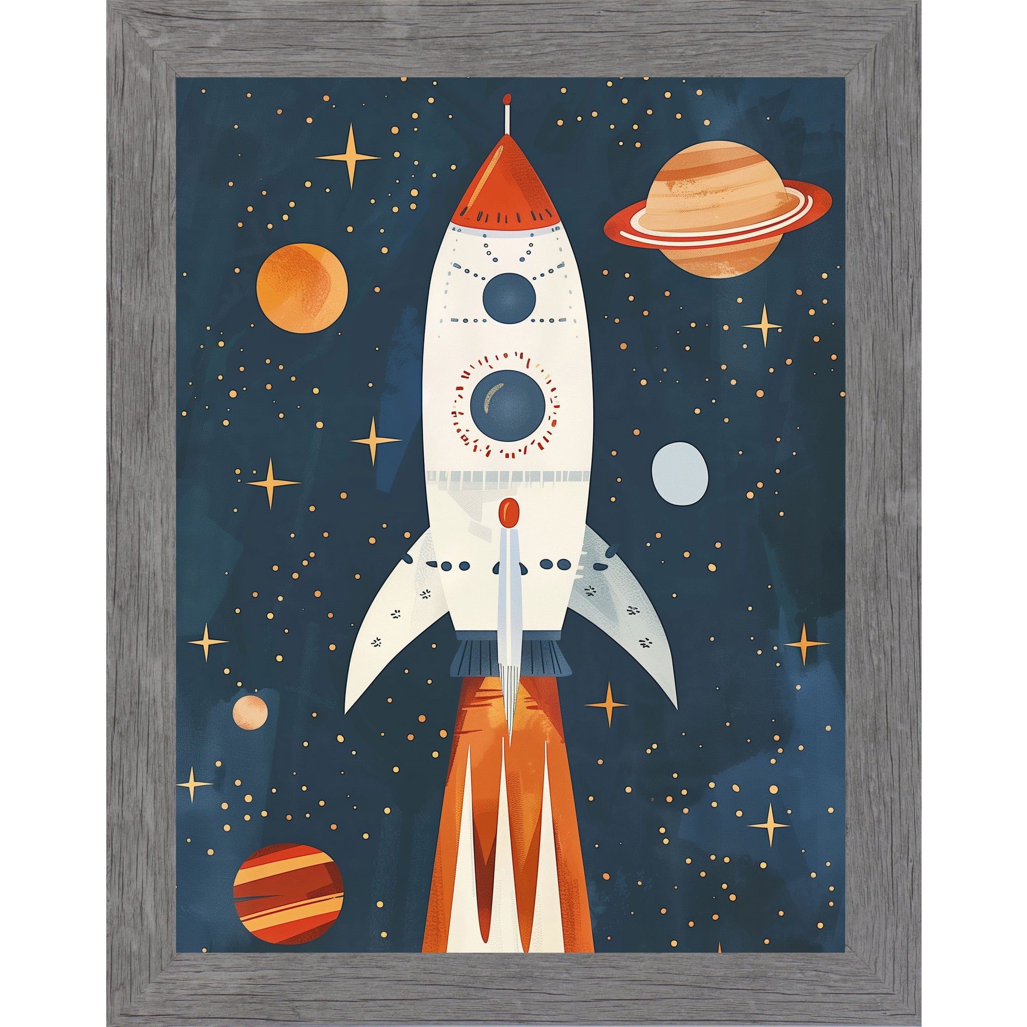 Gray framed portrait space wall art featuring a vivid rocket ship blasting off through a star-filled navy sky with glowing planets — SB265