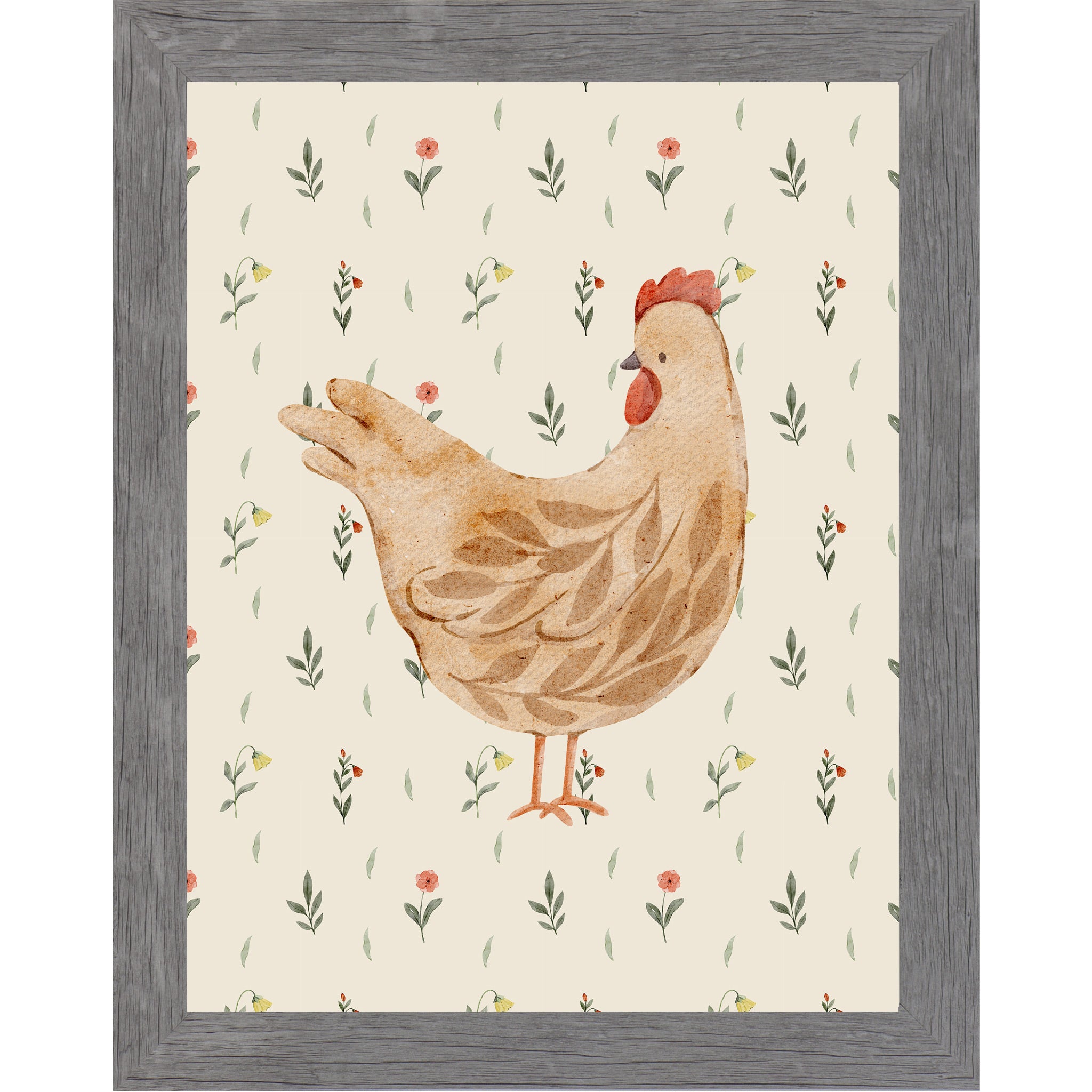 Gray framed vertical farmhouse wall art featuring a soft cream watercolor hen left-facing with botanical leaf body pattern on a cream background with tiny red wildflowers and green leaves