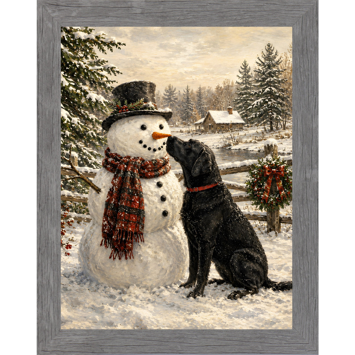 Gray framed portrait heritage Christmas wall art featuring a black Labrador nosing a top-hatted snowman in a plaid scarf against a snowy countryside scene
