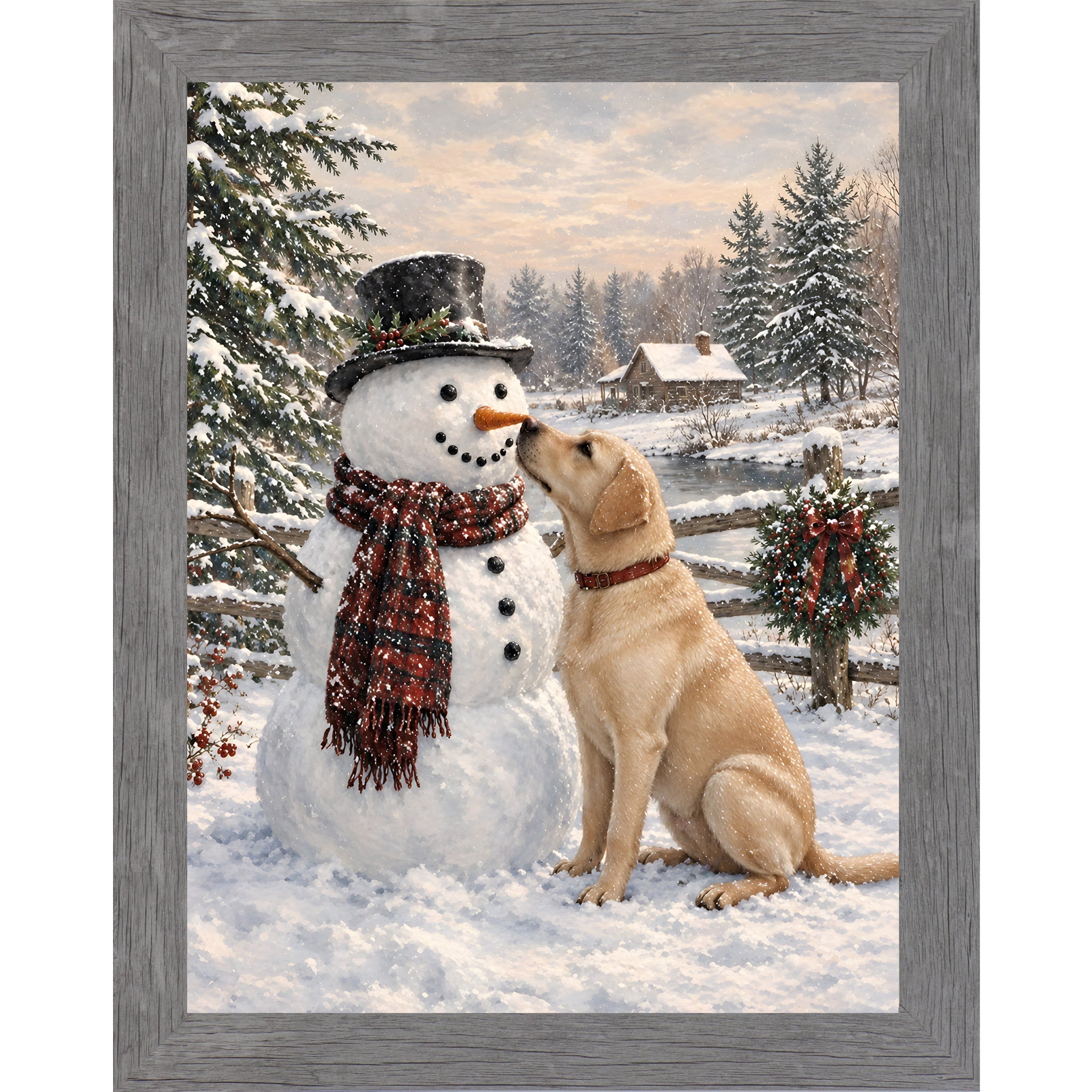 Gray framed portrait heritage Christmas wall art featuring a yellow Labrador nosing a top-hatted snowman in a plaid scarf against a snowy countryside scene