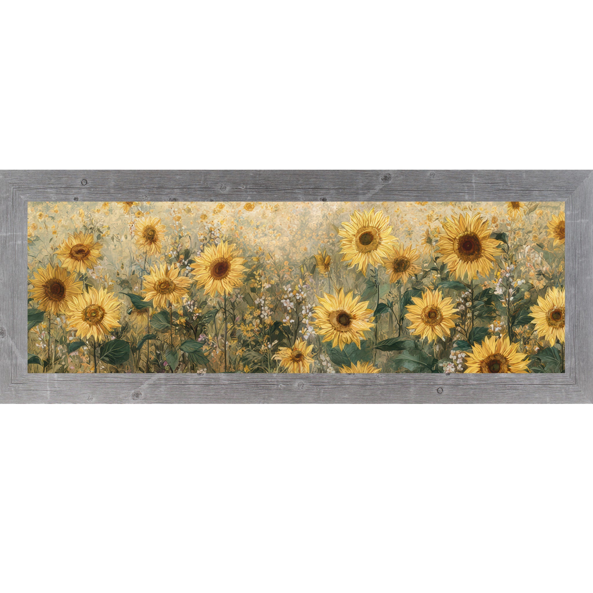 Gray framed wide landscape sunflower wall art featuring a golden field of sunflowers with deep brown centers, lush green leaves, and scattered white wildflowers against a warm aged background