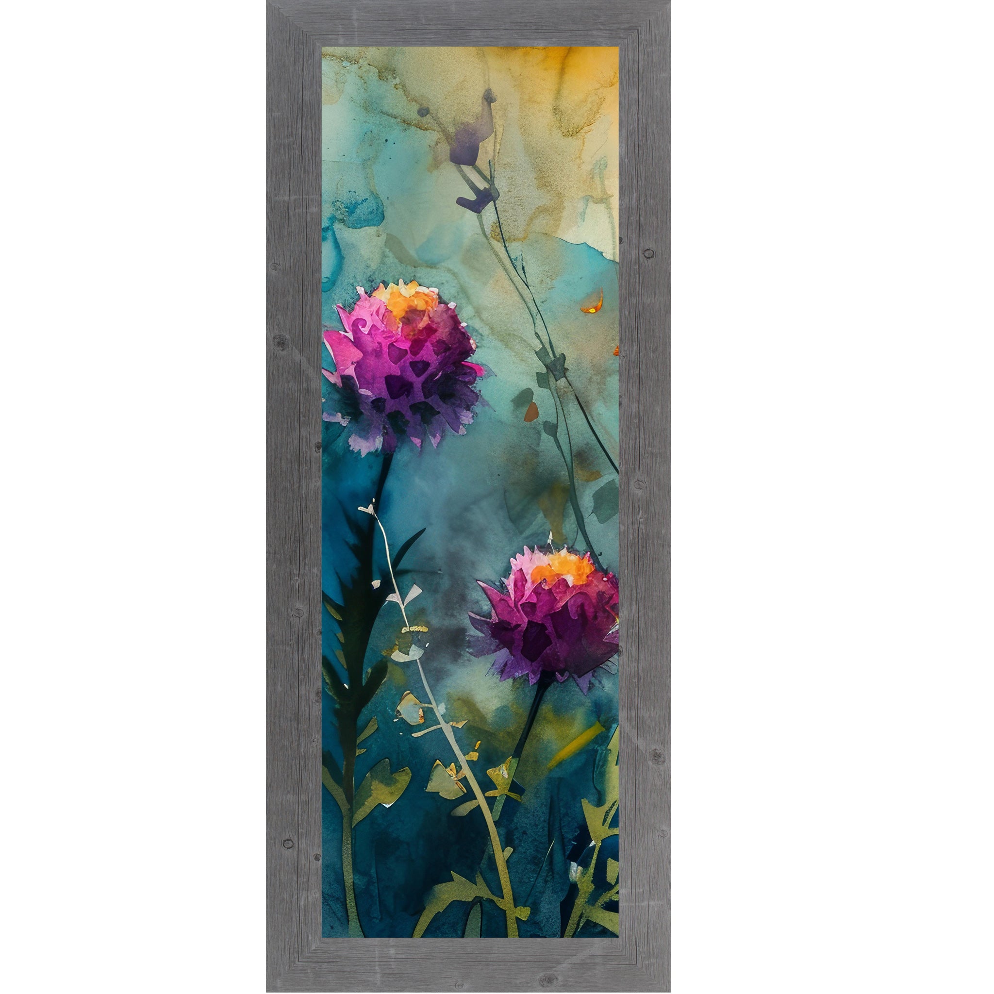Gray framed narrow portrait watercolor wildflower wall art with two bold purple-magenta blooms against a deep teal and gold background