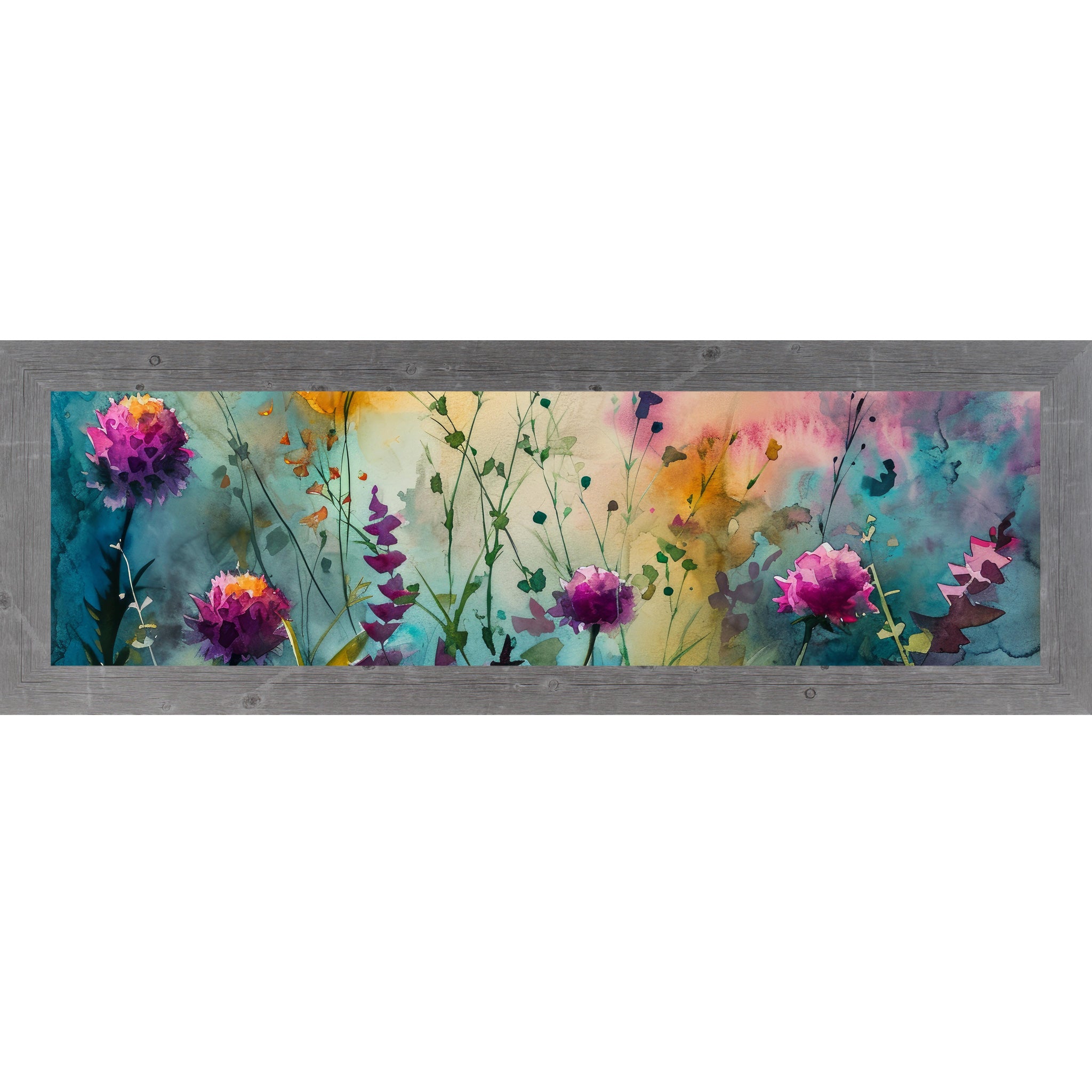 Gray framed wide landscape watercolor wildflower wall art with purple and magenta blooms across a sweeping teal gold and pink meadow background