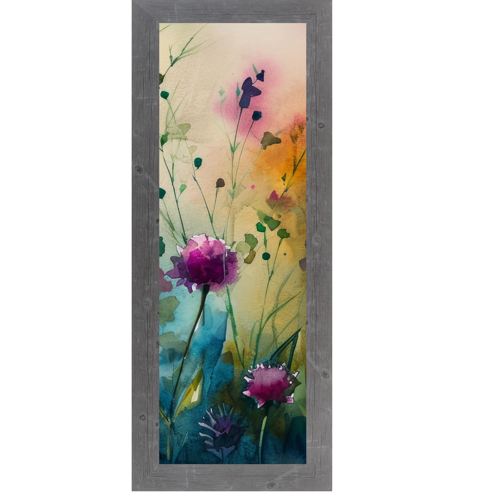 Gray framed narrow portrait watercolor wildflower wall art with magenta peonies rising from a teal garden base against a warm peach and pink background