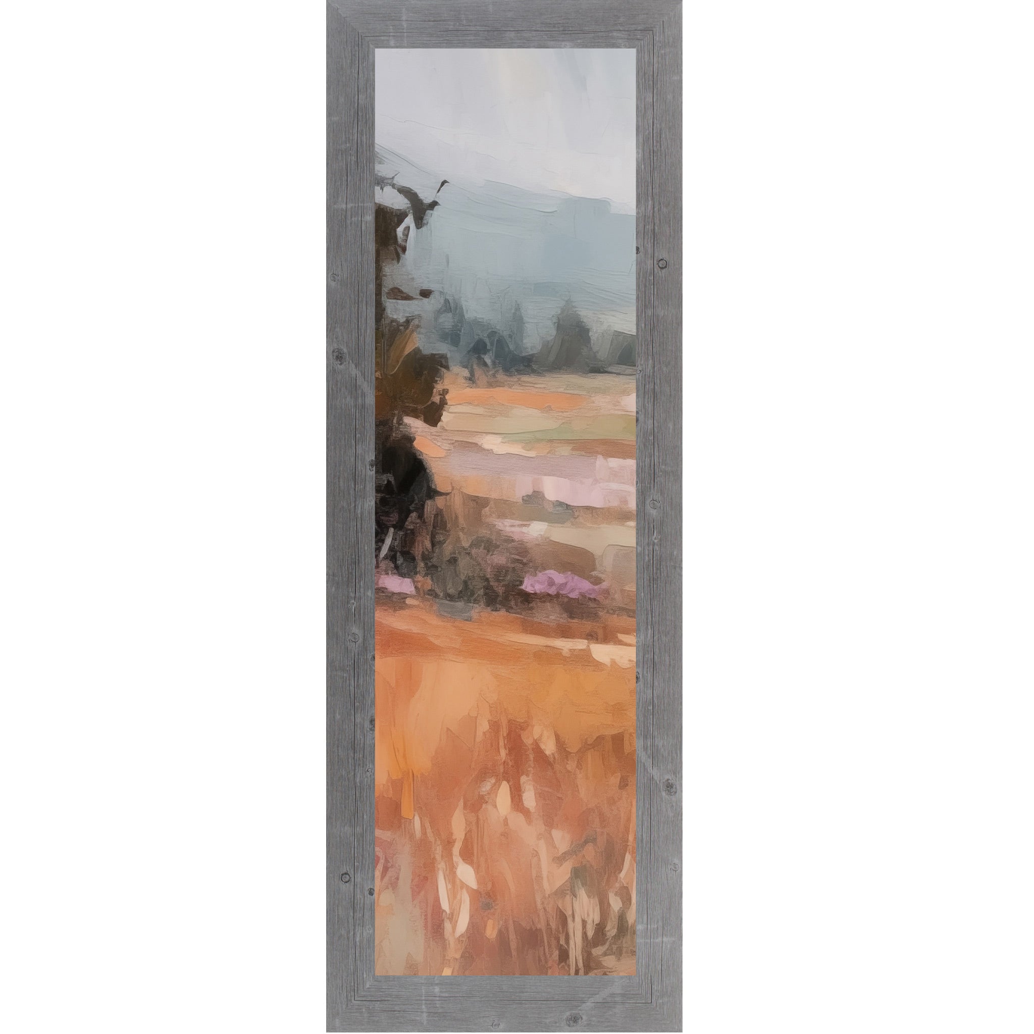 Gray framed narrow portrait abstract terracotta landscape wall art with moody blue-grey sky dark tree left edge and warm amber field with purple lavender midground tones