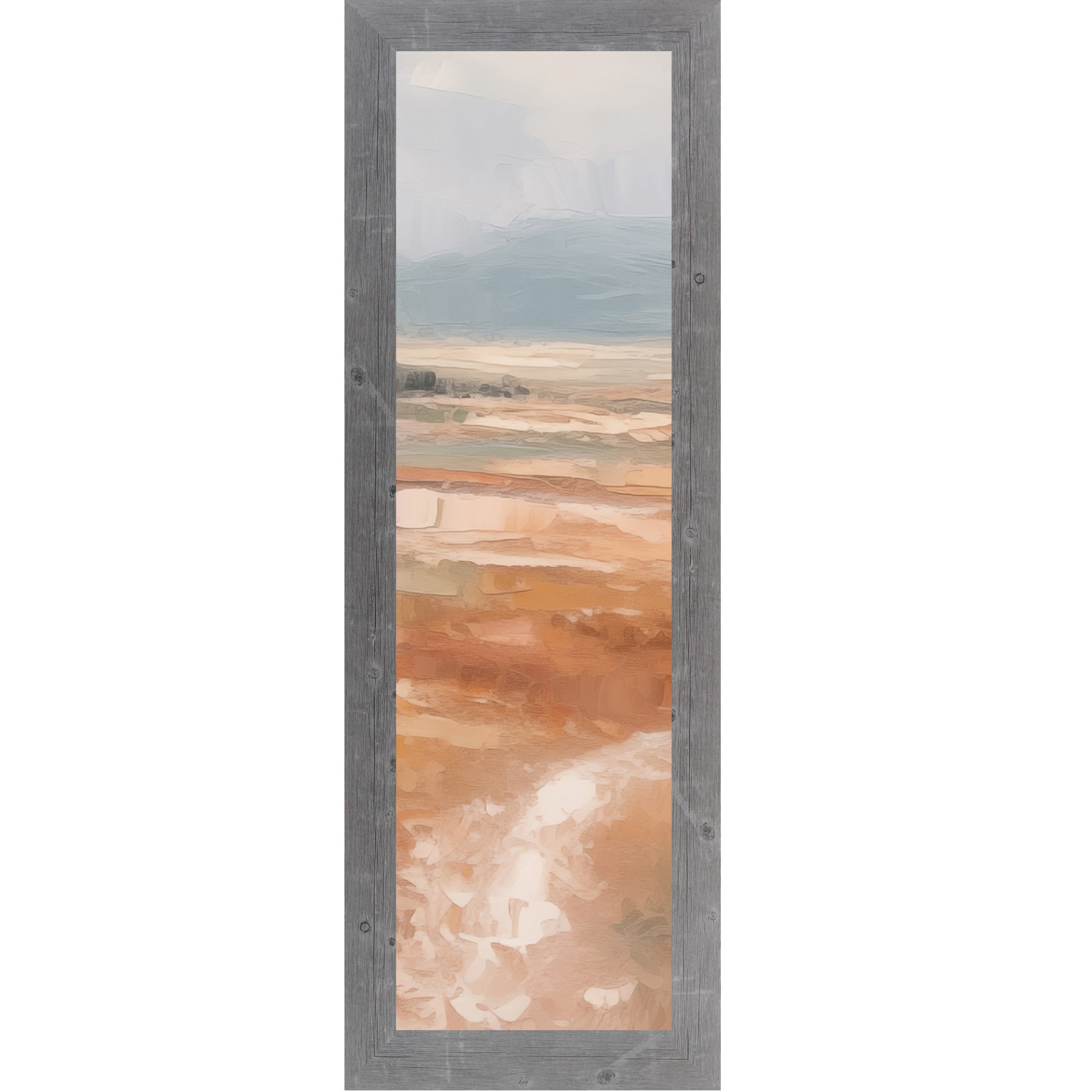Gray framed narrow portrait abstract terracotta landscape wall art with soft peach and blush field pale lavender sky and single tree on right edge