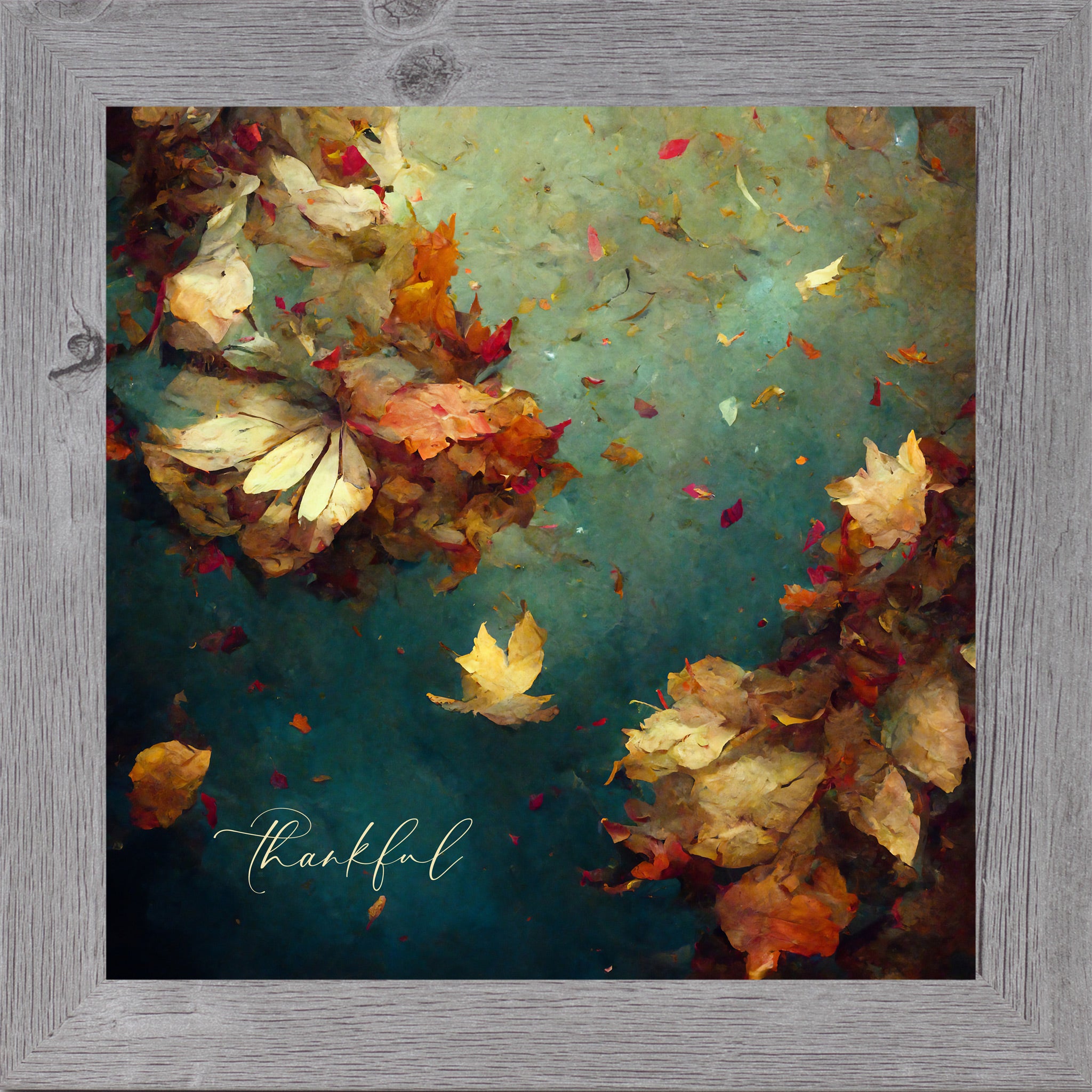 Gray framed square fall wall art featuring teal watercolor autumn maple leaves in cream and deep crimson with the word "thankful" in script — Thankful SB306