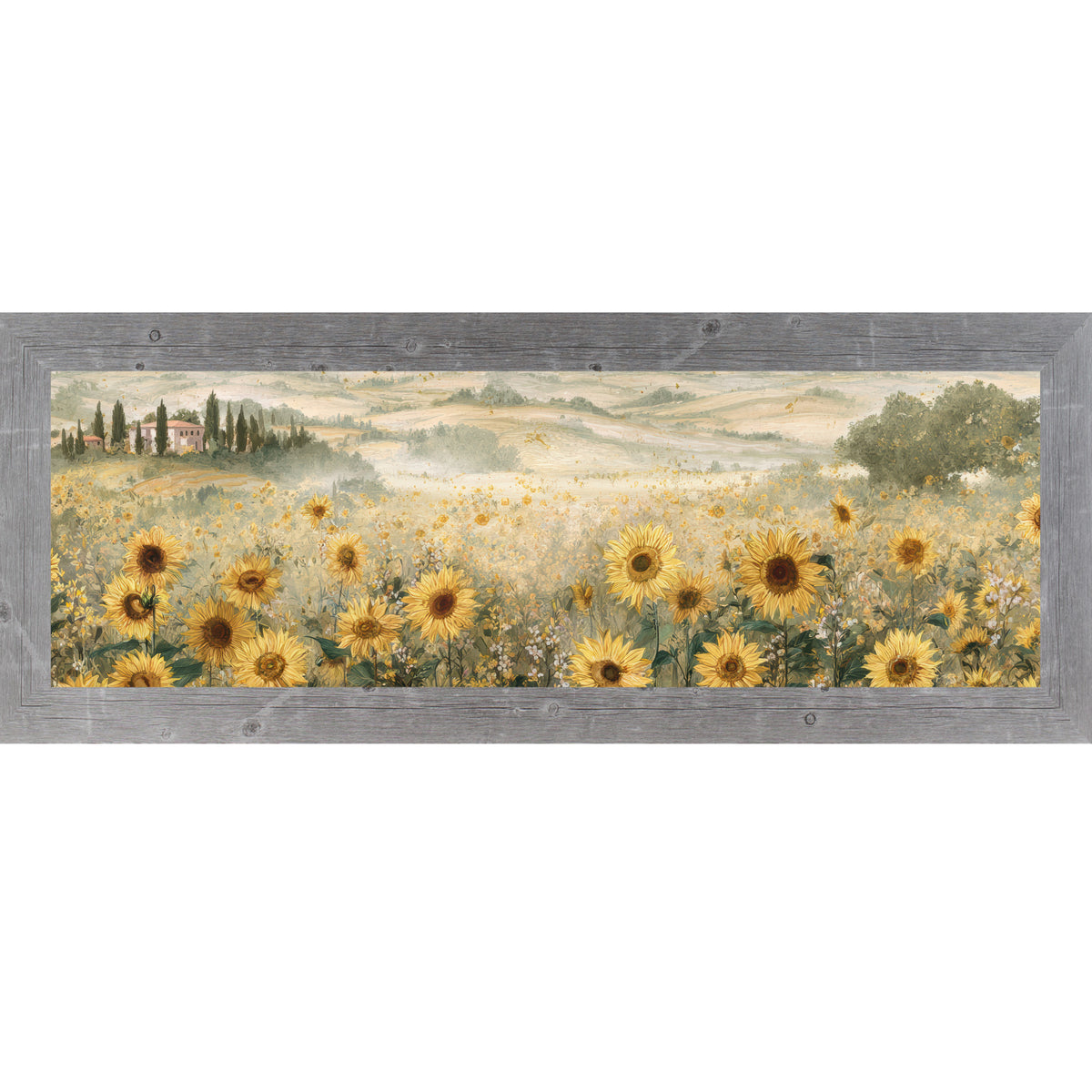 Gray framed wide landscape Tuscan sunflower wall art featuring golden sunflowers in the foreground with rolling Italian hills, cypress trees, a terracotta villa, and soft misty countryside in the distance