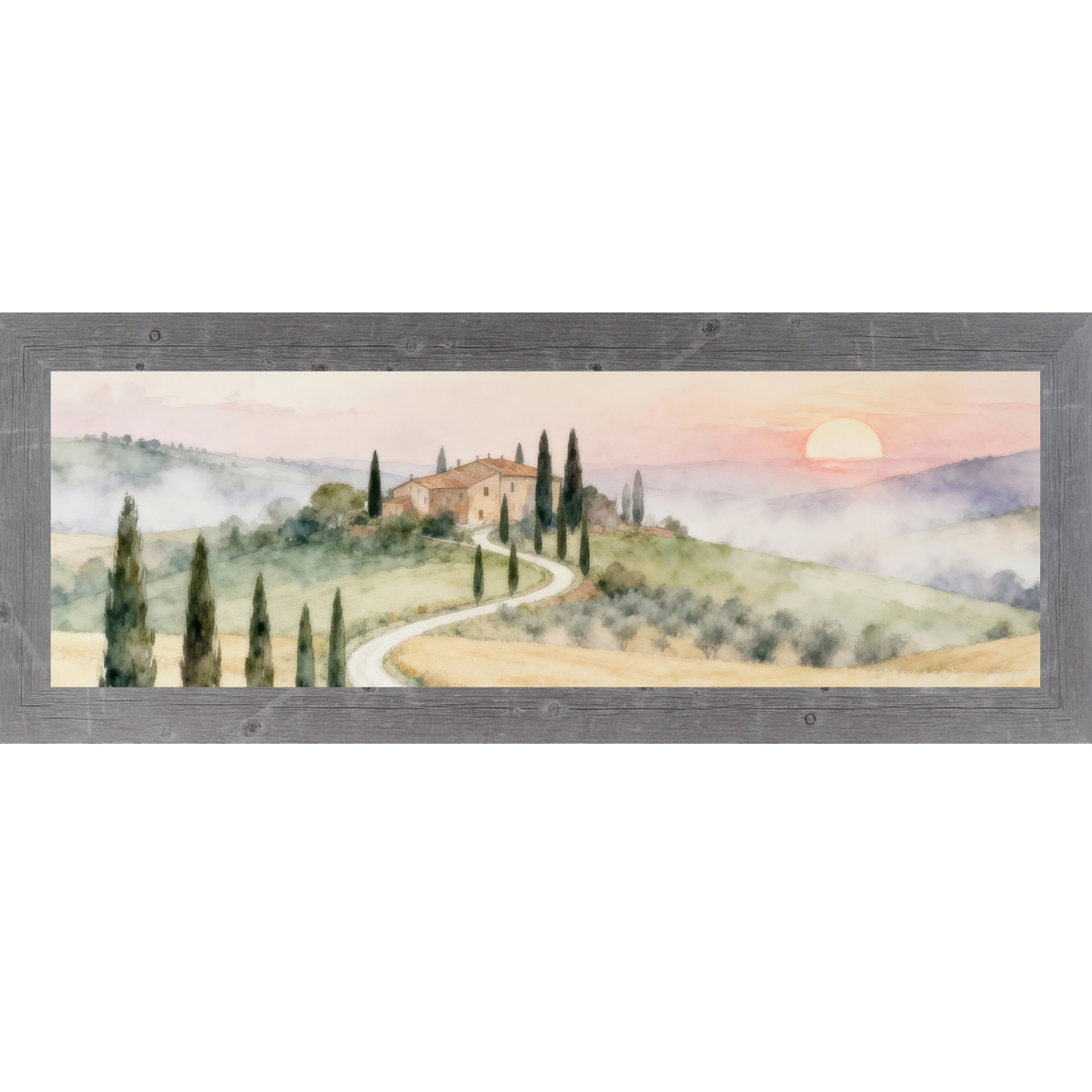 Gray framed wide landscape Tuscan watercolor wall art featuring a winding white road through golden wheat fields and cypress trees leading to a terracotta villa on a green hillside with a peach and coral sunrise