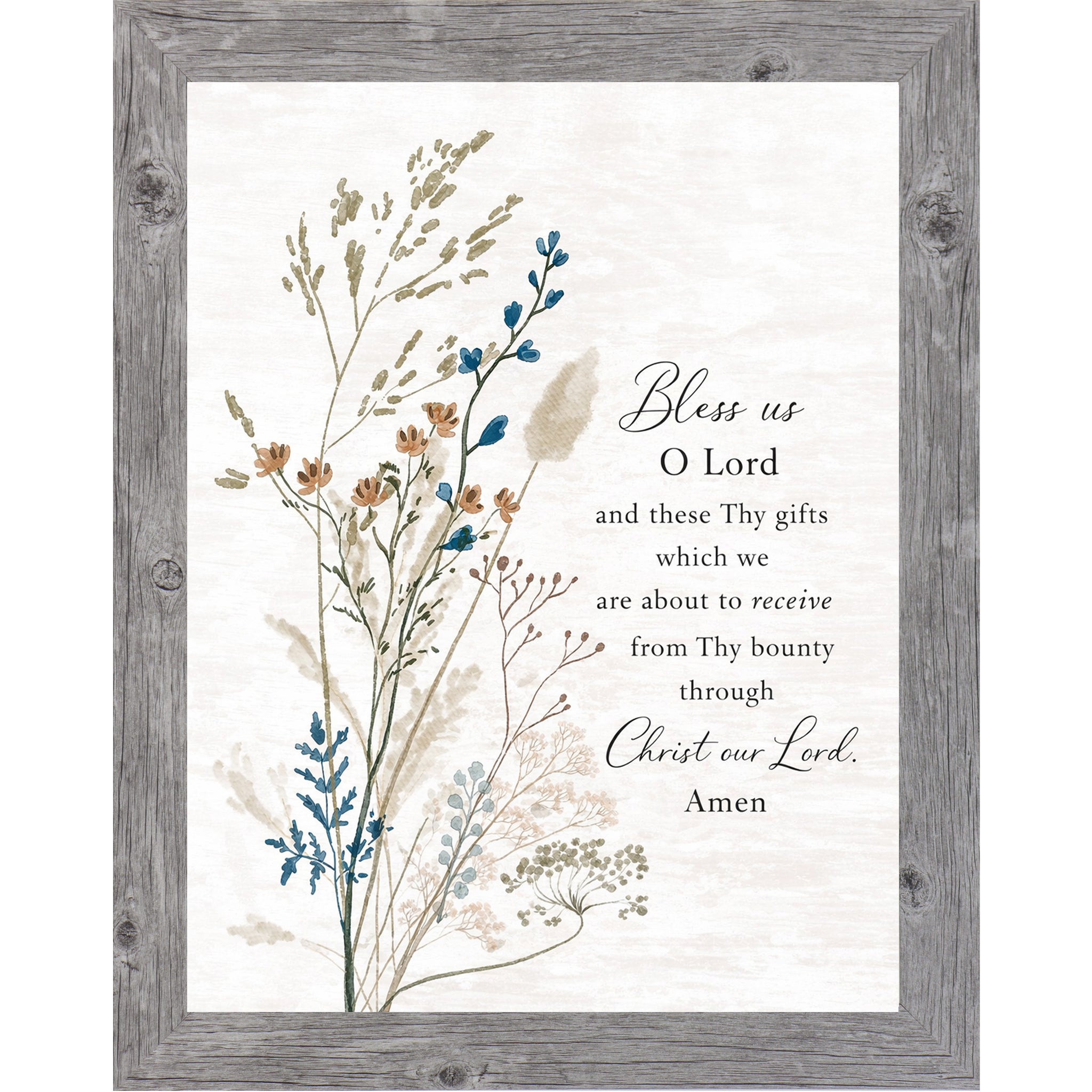 Gray framed portrait Catholic prayer wall art with elegant wildflower botanicals on cream background and the words "Bless Us O Lord and These Thy Gifts Through Christ Our Lord Amen"
