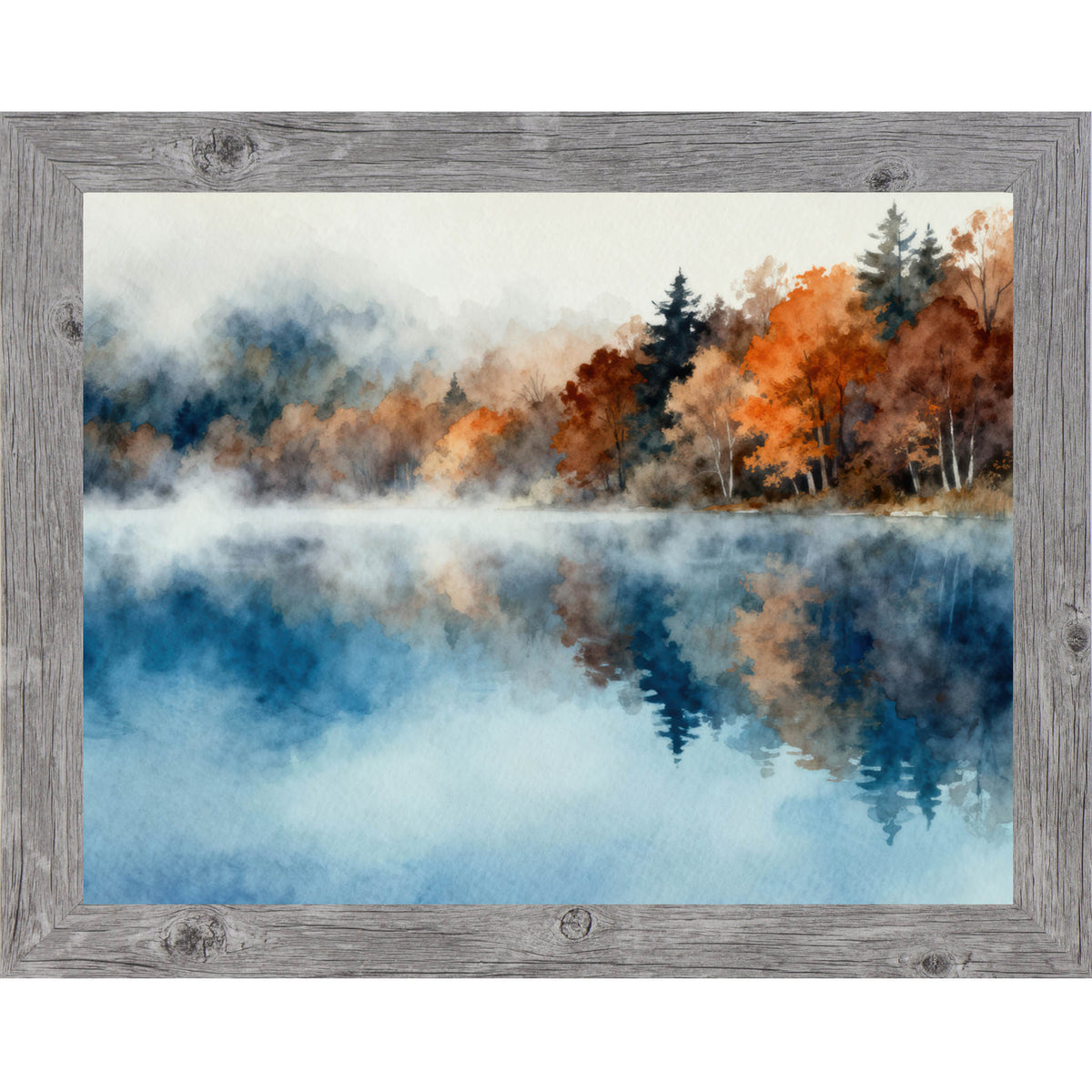 Framed lake wall art featuring calm blue water reflecting a shoreline of autumn trees in a soft watercolor style, wide horizontal nature artwork with peaceful lake reflections.