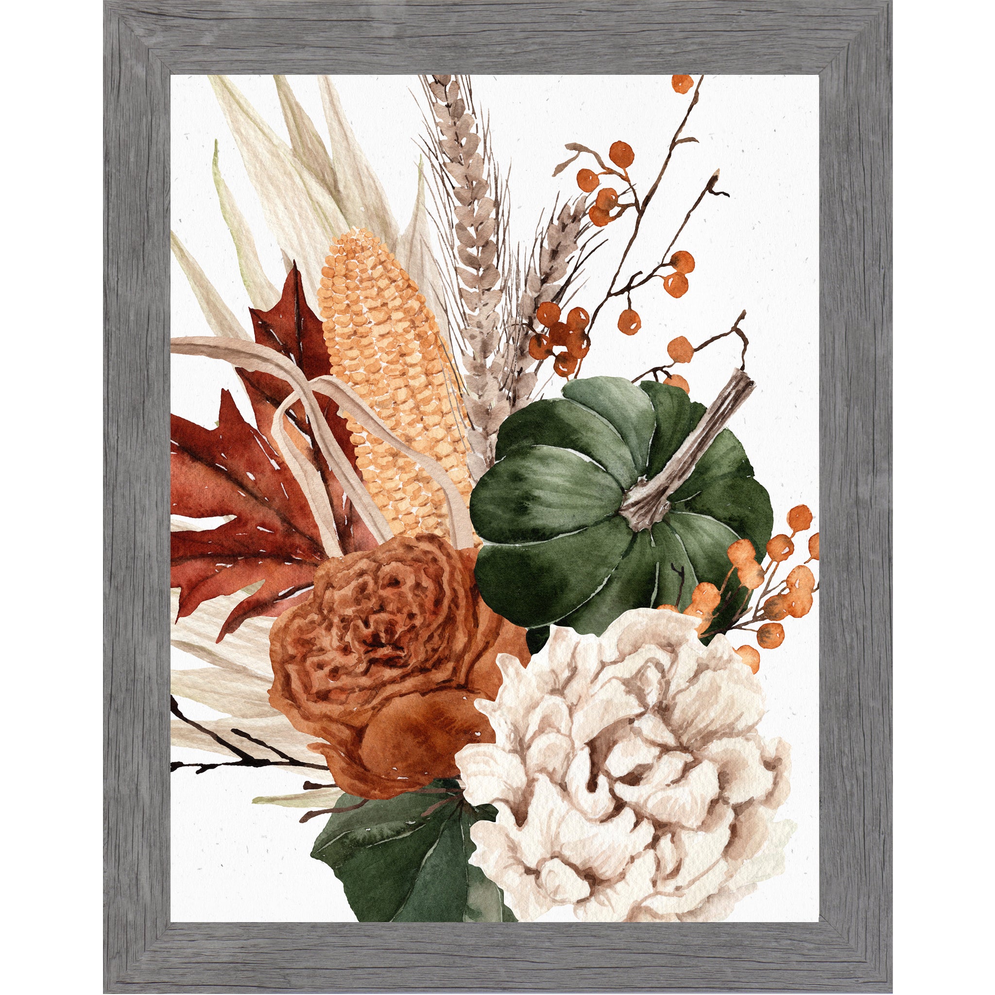 Gray framed portrait harvest wall art featuring watercolor green pumpkin corn wheat crimson maple leaf burnt orange and cream peonies with orange berries — Harvest Bouquet SB251 left panel
