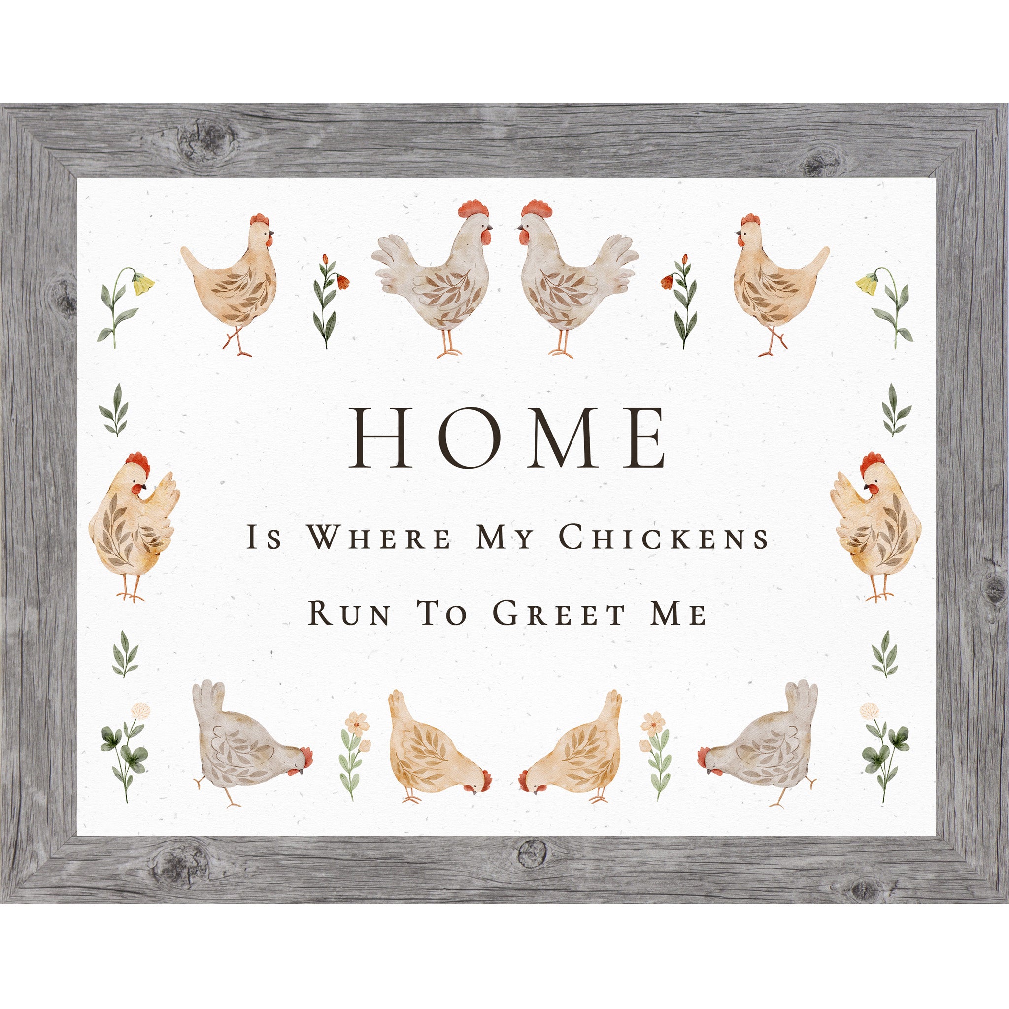 Farmhouse chicken wall art with watercolor hens and the quote Home is where my chickens run to greet me on a neutral background.