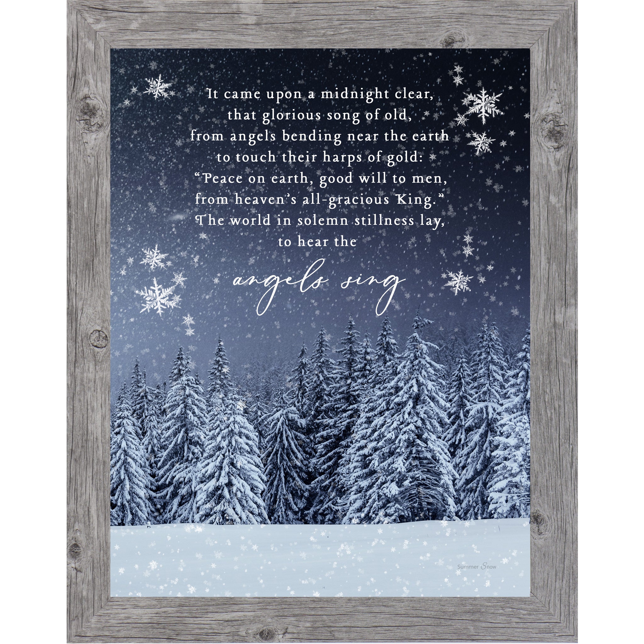 Christmas wall art featuring snowy evergreen trees under a midnight blue sky with the full carol It Came Upon a Midnight Clear displayed in elegant white lettering.