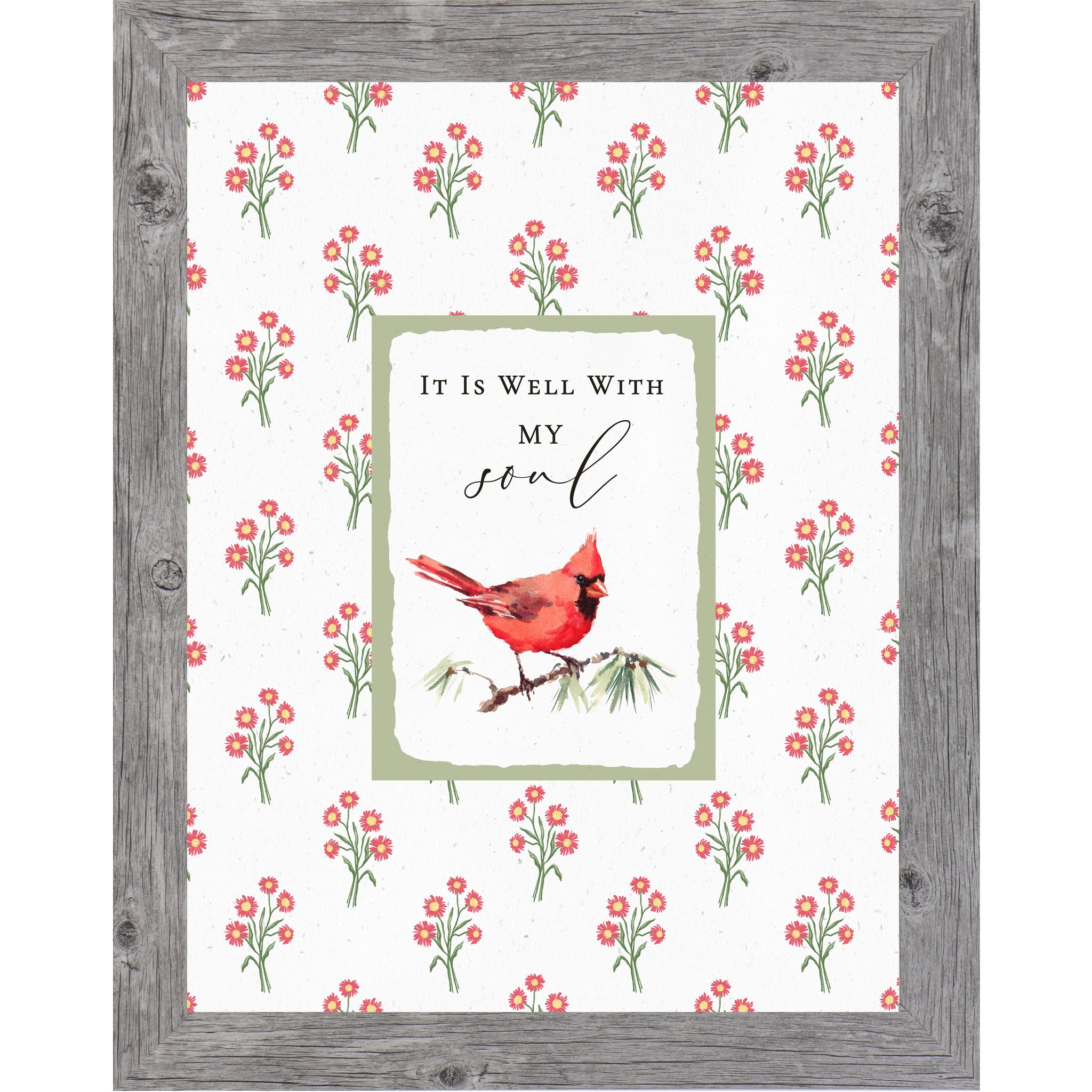 Christian floral wall art featuring a red cardinal perched on a branch with the phrase “It Is Well With My Soul” in a sage green framed center panel and red floral background.