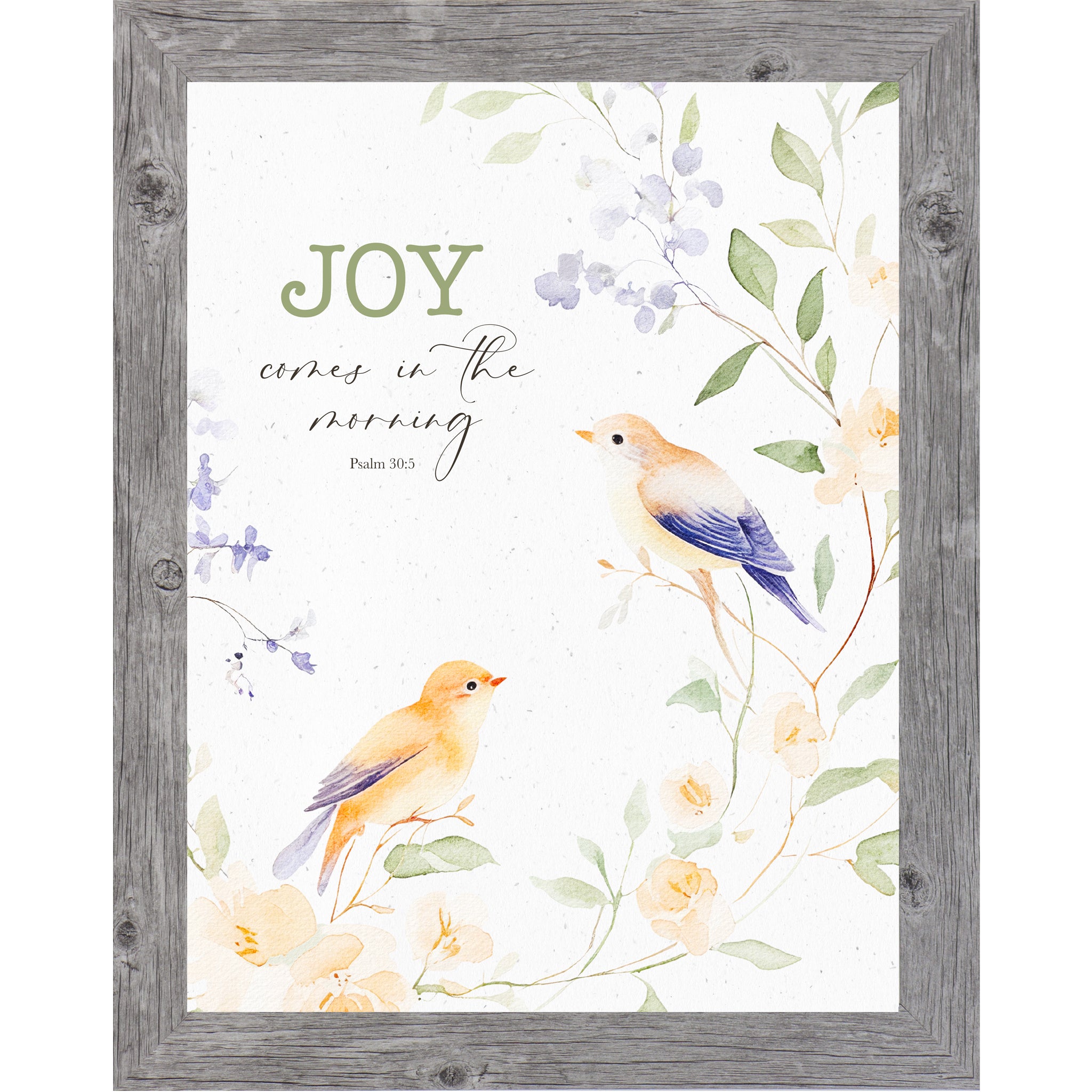 Gray Color Framed watercolor wall art featuring two small birds perched among floral branches with the scripture “Joy Comes in the Morning – Psalm 30:5” on a neutral textured background.