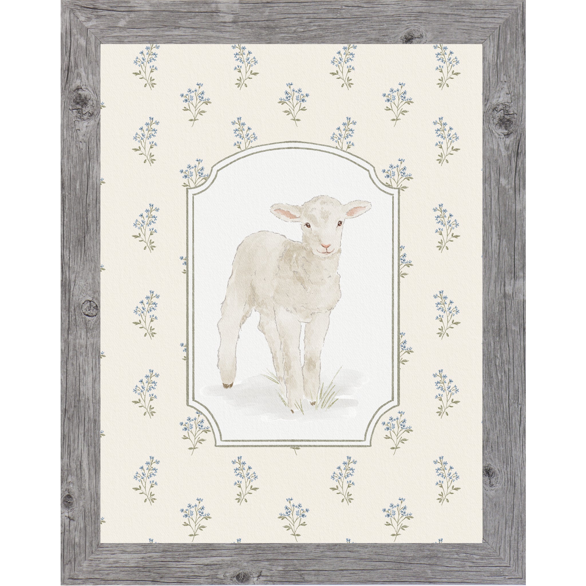 Vertical lamb wall art with soft blue florals on a neutral beige background in a framed Easter faith decor design.