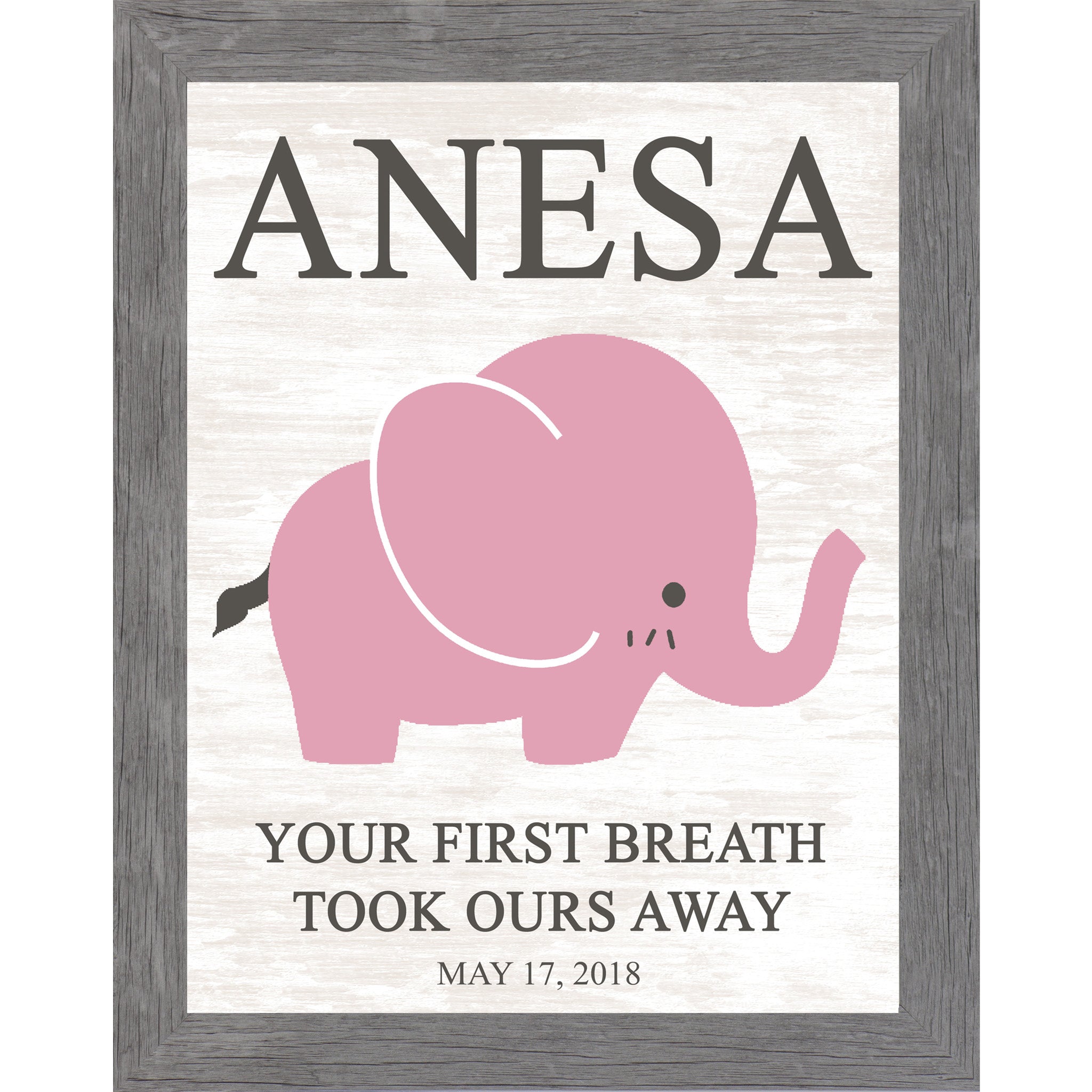 Gray framed personalized pink elephant nursery wall art with bold baby name at top and the words Your First Breath Took Ours Away with birth date on soft white shiplap background — PER149